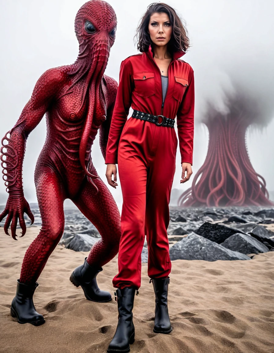 Horror-themed, Lovecraftian eldritch horror Photorealism <lora:tsintikidouSDXL-000008:1>, (full-body photo:1.3) of tsintikidouSDXL woman wearing (intricate:1.1) vibrant red jumpsuit with a cinched waist and black ankle boots, outdoors in alien environment, (gigantic:1.3) tentacle monster in the background, mist, perfect face, (perfect brown eyes:1.2), looking at the viewer, imperfect skin, realistic skin texture, skin pores, subsurface scattering, looking at the viewer, Photorealism, often for highly detailed representation, photographic accuracy, or visual illusion.. Unknowable tentacles, cosmic otherworldly menace, maddening for mortal minds to behold, Eerie, unsettling, dark, spooky, suspenseful, grim, highly detailed