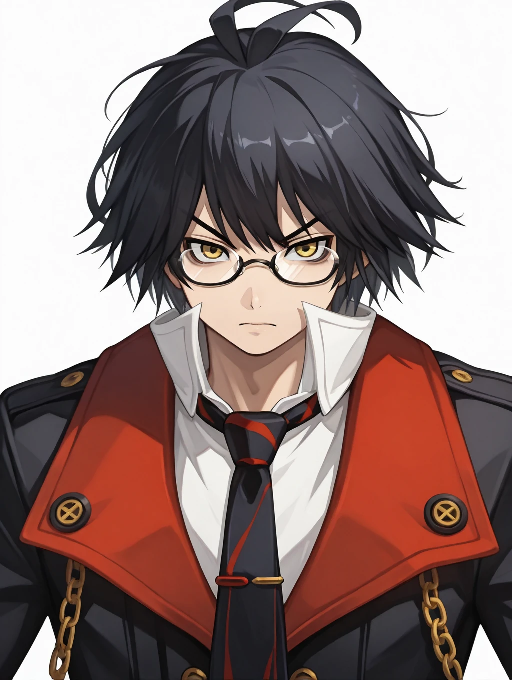 1boy, solo, Nero, short hair, black hair messy hair, double ahoge, antenna hair, yellow eyes, glasses, black jacket, trenchcoat, black clothes, red clothes, white shirt, black and red necktie, red_details_on_jacket, chain on clothes, 

((front view)), (white background), (upper body), serious, looking at viewer,

masterpiece, best quality,amazing quality, very aesthetic, absurdres, depth of field, blurry background, extremely detailed face, detailed eyes