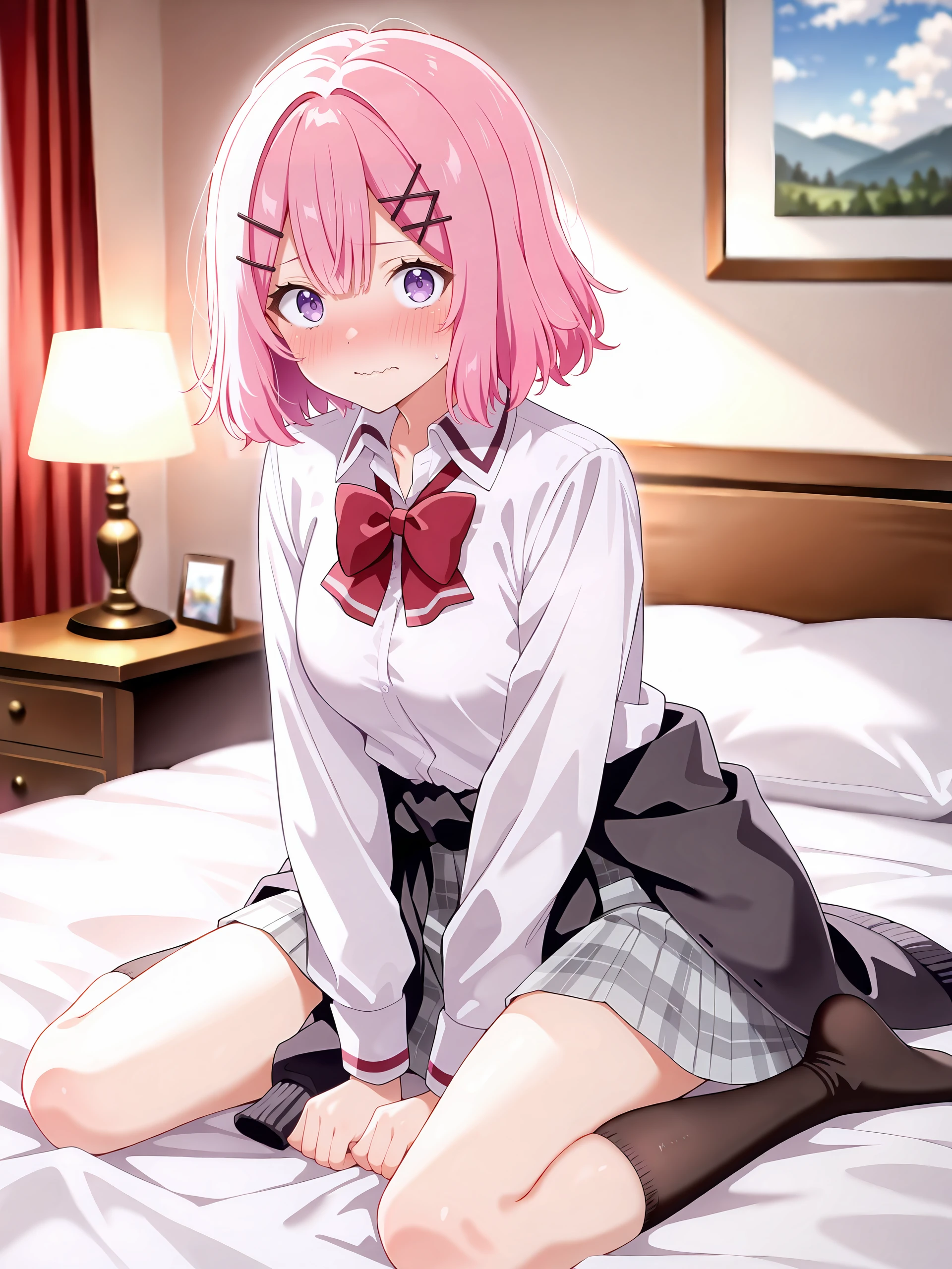1girl, amaori renako, solo, purple eyes, hairclip, school uniform, pleated skirt, plaid skirt, white collared shirt, red bowtie, clothes around waist, black kneehighs, looking at viewer, embarrassed, blush, wavy mouth, sitting on bed, full body, bedroom, indoors, blurry background , <lora:Char-Amaori_Renako-V1-IL:0.8>
masterpiece, best quality, amazing quality, very aesthetic, absurdres, volumetric lighting