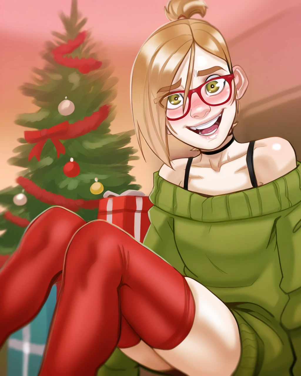 absurdres, high quality, masterpiece, very awa, andavastyle, DarcyR, christmas tree, 1girl, green sweater, glasses, red thighhighs, red-framed eyewear, choker, off shoulder, short hair, open mouth, bare shoulders, looking at viewer, smile, off-shoulder sweater, blush, green eyes, blonde hair, gift box<lora:Andava_Mk2_IllustV1:1>