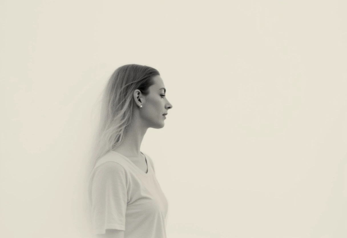 an aesthetic, minimalist depiction of a female profile in side view. she wears a t-shirt. The focus is on the soft contours and calm, monochromatic tones. The scene feels mystical and dreamy, almost as if viewed through a delicate mist, with gentle light accentuating the silhouette. The background is diffuse and creamy white, drawing attention to the elegant simplicity of the figure.