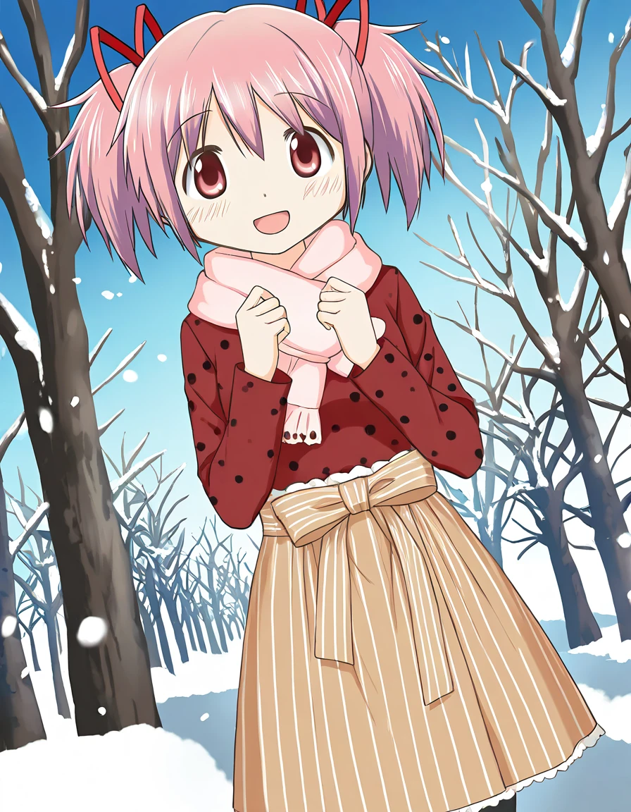 masterpiece, best quality, newest, absurdres, highres, safe, 1girl, kaname madoka \(winter costume\), magia record: mahou shoujo madoka magica gaiden, smile, open mouth, solo, snowing, outdoors, dutch angle, <lora:20241222214529_kaname_madoka_noobaiXLNAIXL_vPred10Version:0.7>