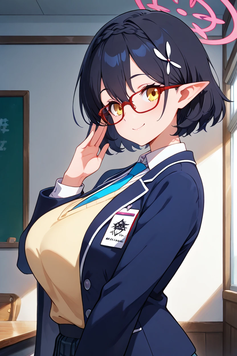 masterpiece, best quality, solo, curvy, beautiful eyes,zzAyane, yellow eyes, black hair, short hair, glasses, halo school uniform, blue necktie, white shirt, blazer, sweater vest, skirt,   <lora:AyaneBluearchiveIXL:1.0>, upper body, side view, smile, looking at viewer, shiny skin,