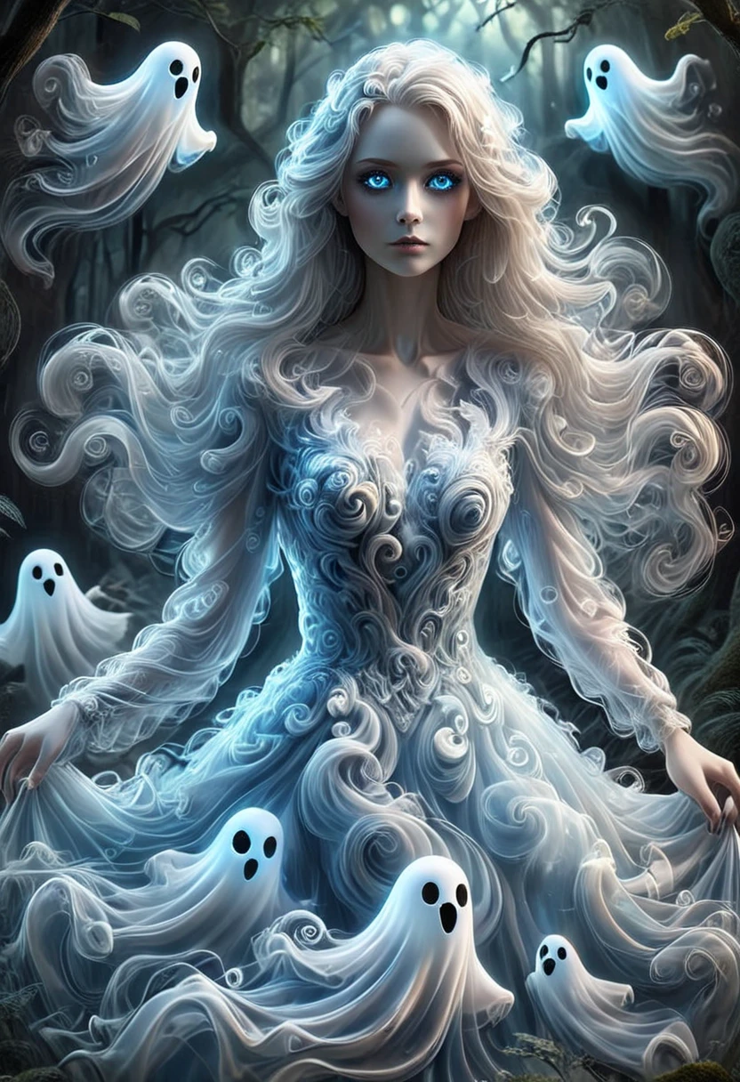 SW1RLYGH0ST, A woman wearing a dress made of ghosts, glowing blue eyes, detailed eyes, set in the forest, masterpiece, best quality