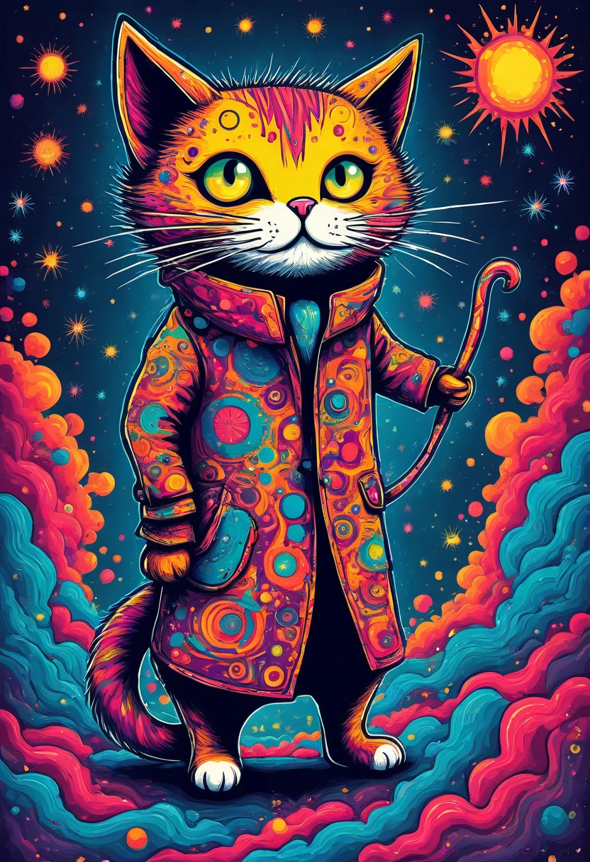 PschadelicPopSurrealism, with vibrant linoprint colors.  abstract cat chibi monster psychadelic colors, explosions, patterns on the coat.