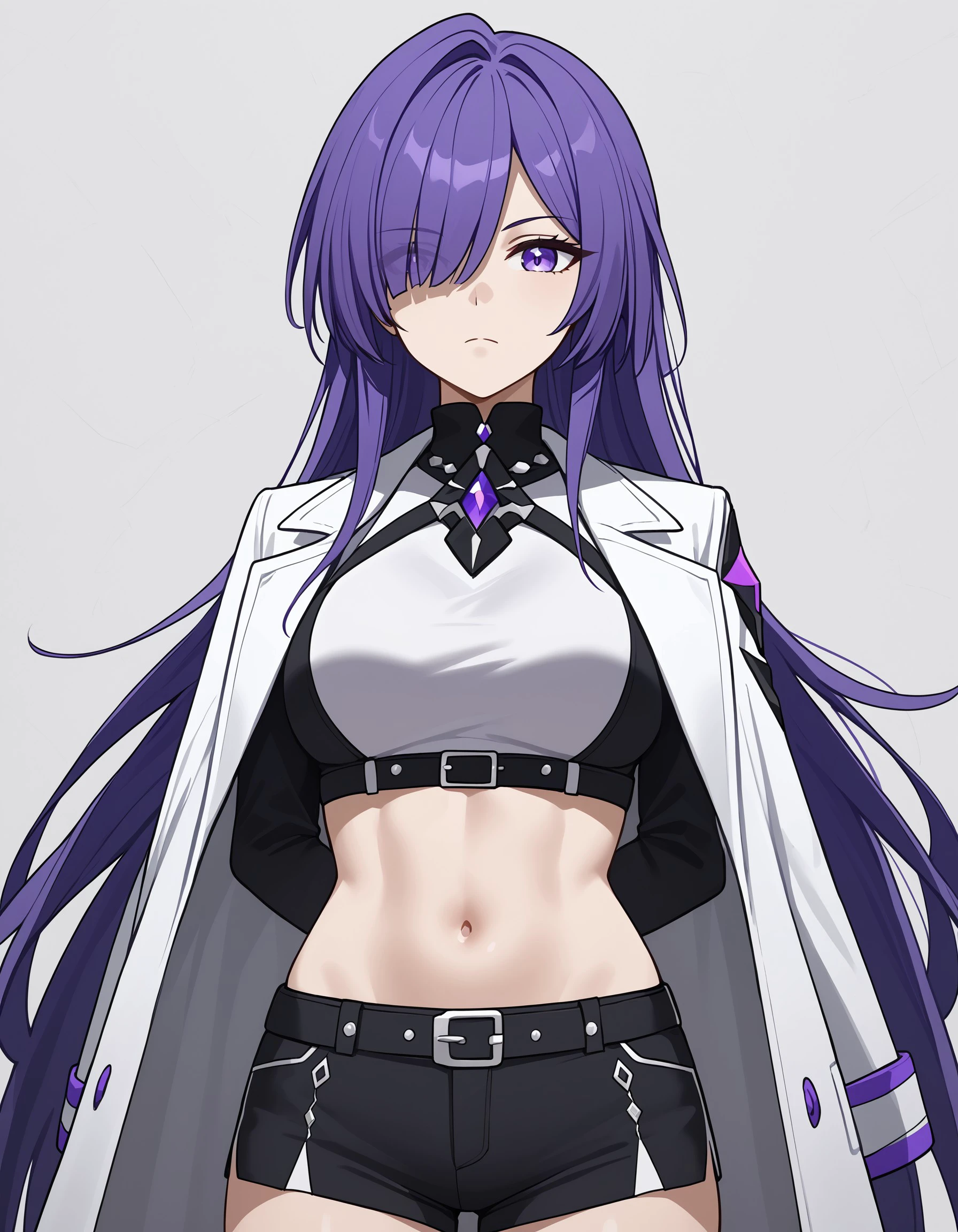 (masterpiece), best quality, expressive eyes, perfect face, hair over one eye, purple hair, purple eyes, long hair, acheronhsr, navel, black shorts, white coat, crop top, expressionless, looking at viewer, <lora:637cc3c9-2b8e-40b8-9393-d0e047341720:0.7>