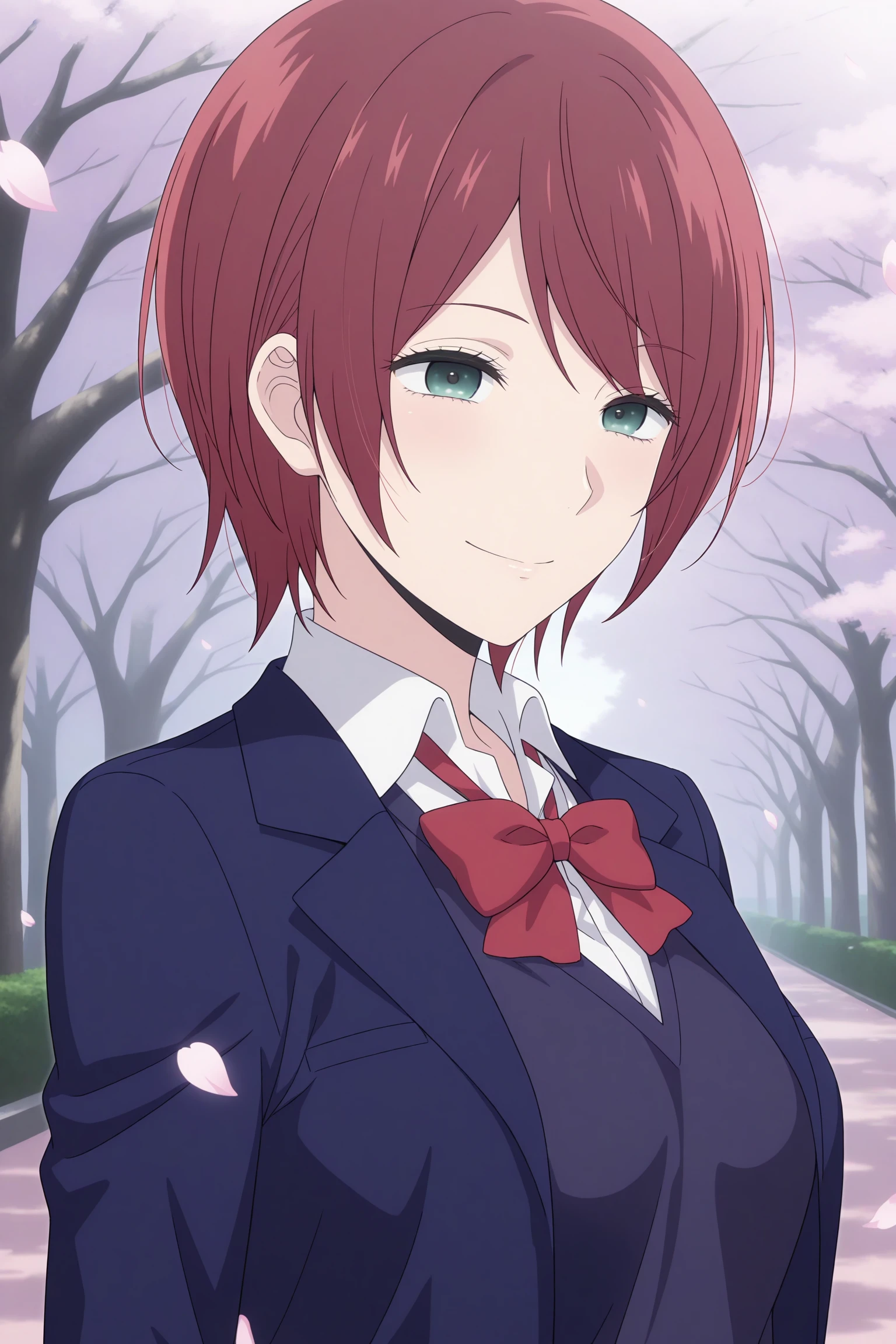 masterpiece, best quality, amazing quality, highres, absurdres, very aesthetic, high resolution, ultra detailed, perfect details, 1girl, outdoors, school, cherry blossoms, (falling petals:1.5), medium breasts, ebato sanae, short hair, red hair, swept bangs, green eyes, school uniform, long sleeves, blue jacket, open jacket, white shirt, collared shirt, red bowtie, blue sweater, black skirt, pleated skirt, black kneehighs, loafers, <lora:Sanae_Ebato:0.8>, (aged up:1.2), (upper body:1.4), (pose:1), smile