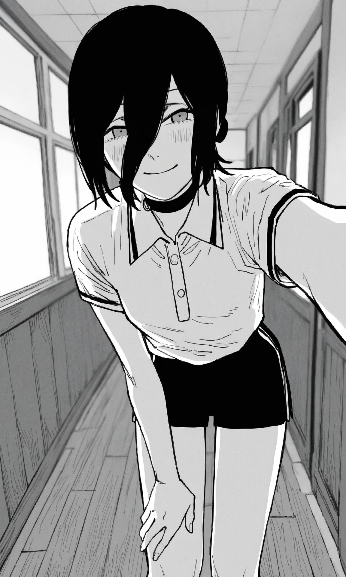 mo(nochrome, greyscale:1.1), reze \(chainsaw man\), rezemanga, 1girl, medium hair, hair between eyes, single hair bun, choker, narrowed eyes, blush, polo shirt, high-waist shorts, smile, hallway, looking at viewer, selfie, hand on own thigh, leaning forward, school, full body, feet out of frame, (masterpiece, best quality, very awa, recent:1.0)