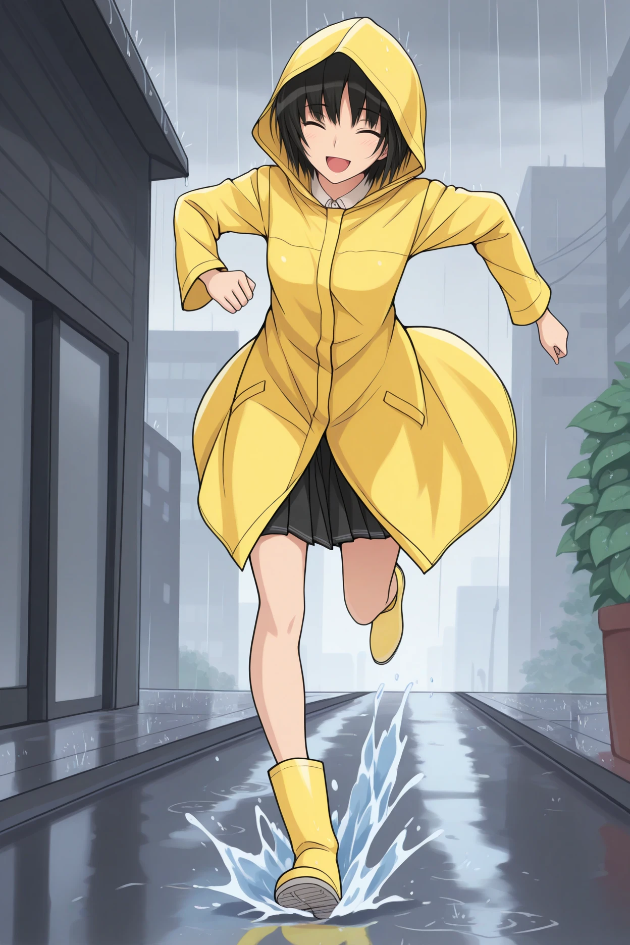 masterpiece, best quality, 1girl, solo, <lora:nanasakiai-illu-nvwls-v1-000005:1> amagamiai, black hair, short hair, black eyes, yellow raincoat, hood up, rain, grey skies, yellow boots, running, happy, closed eyes, splashing, city