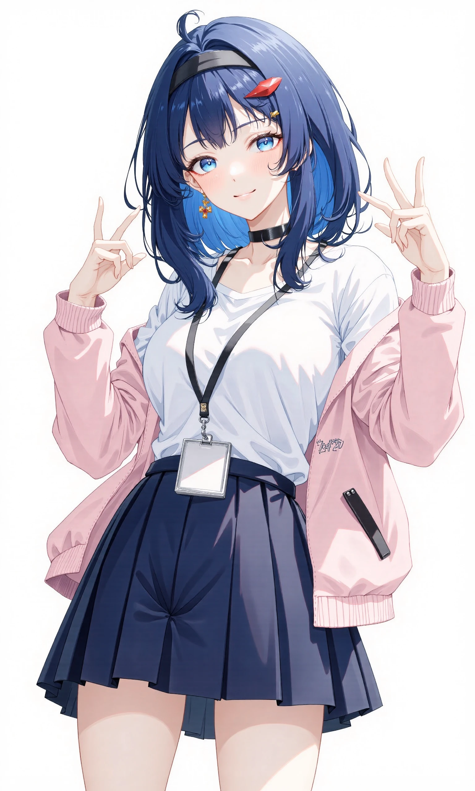 Yanami Anna Cyql,An anime girl,full body,wide_shot,
1girl,blue eyes,blue hair,medium hair,long hair,ahoge,Yanami Anna Cyql,
v,skirt,looking at viewer,choker,smile,white background,double v,earrings,shirt,jewelry,long sleeves,simple background,open clothes,alternate costume,jacket,closed mouth,contemporary,white shirt,pink jacket,id card,black choker,hands up,lanyard,black skirt,open jacket,blush,blue skirt,black hairband,cowboy shot,casual,large breasts,