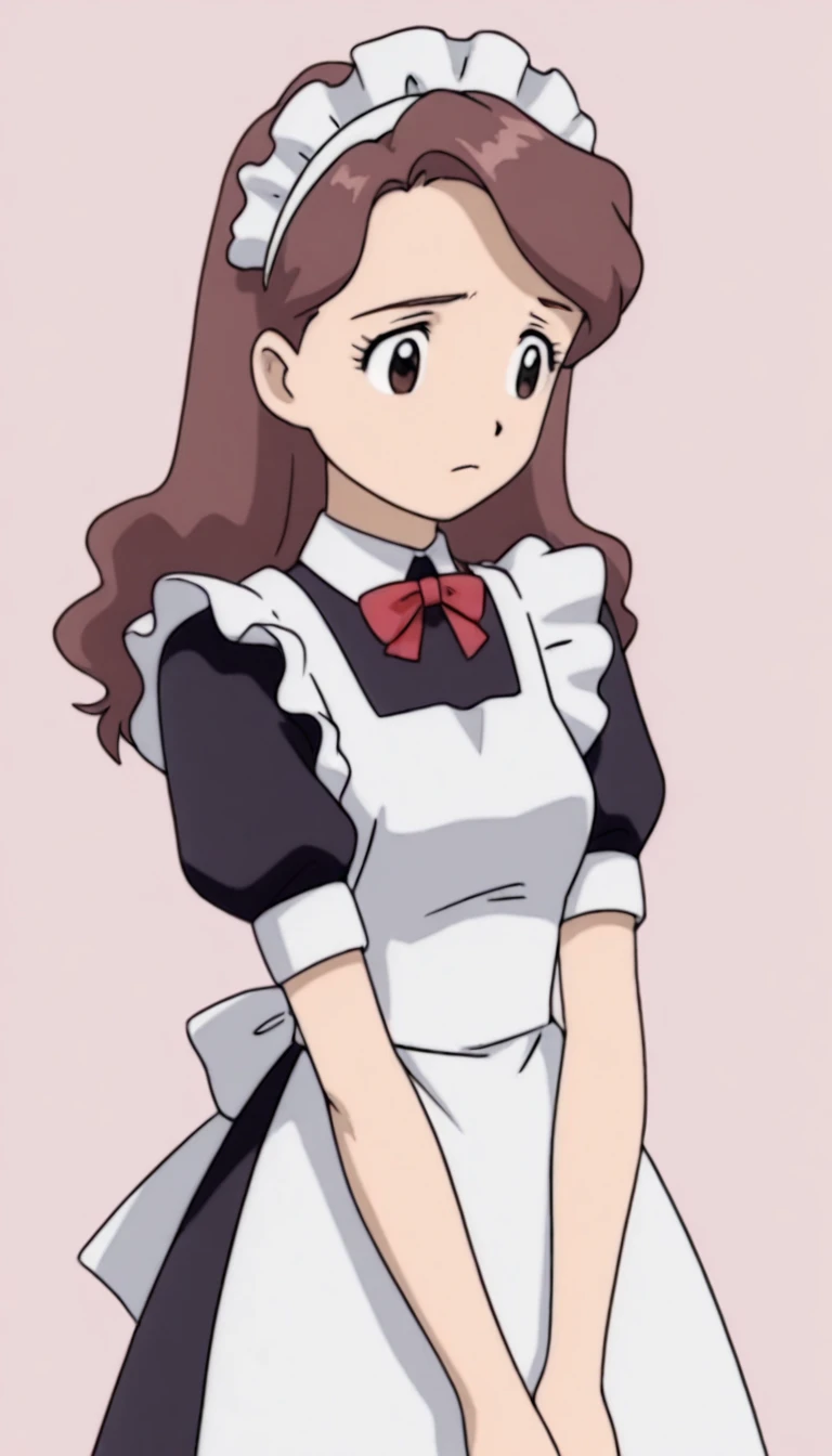 <lora:Izumi_Kae:0.9>,brown hair,long hair,brown eyes,simple background,maid,maid headdress,