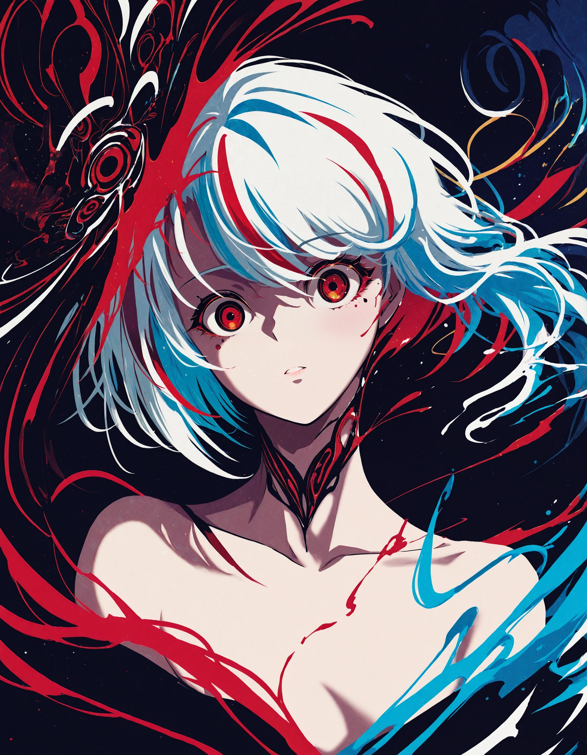 best_quality,masterpiece, <lora:berryverrine_2:1>,b3rr1_illu, abstract, minimalism, Anime girl portrait, red eyes, white hair, dynamic pose, swirling energy, abstract background, vibrant colors, red and blue color scheme, dramatic lighting, intense expression, surreal art style, digital painting, high contrast, fluid motion, chaotic elements, ethereal atmosphere, cyberpunk influence, intricate details, dark fantasy mood, glitch effect, asymmetrical composition