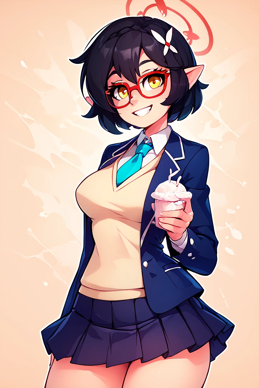 score_9, score_8_up, score_8, medium breasts, (curvy), cute, eyelashes,       ,,, , zzAyane, yellow eyes, black hair, short hair, glasses, halo school uniform, blue necktie, white shirt, blazer, sweater vest, skirt,   <lora:AyaneBluearchiveIXL:1.0>, , BREAK, smile, looking at viewer, ,,, abstract background, white outline, cowboy shot, ,,, embedding:zPDXL, Expressiveh, ,,, <lora:theOtherHalfPDXL:0.8>, <lora:CatalystStylePDXL:0.6>, <lora:SDXLFaeTastic2400:0.5>, <lora:Expressive_H-000001:0.4>,