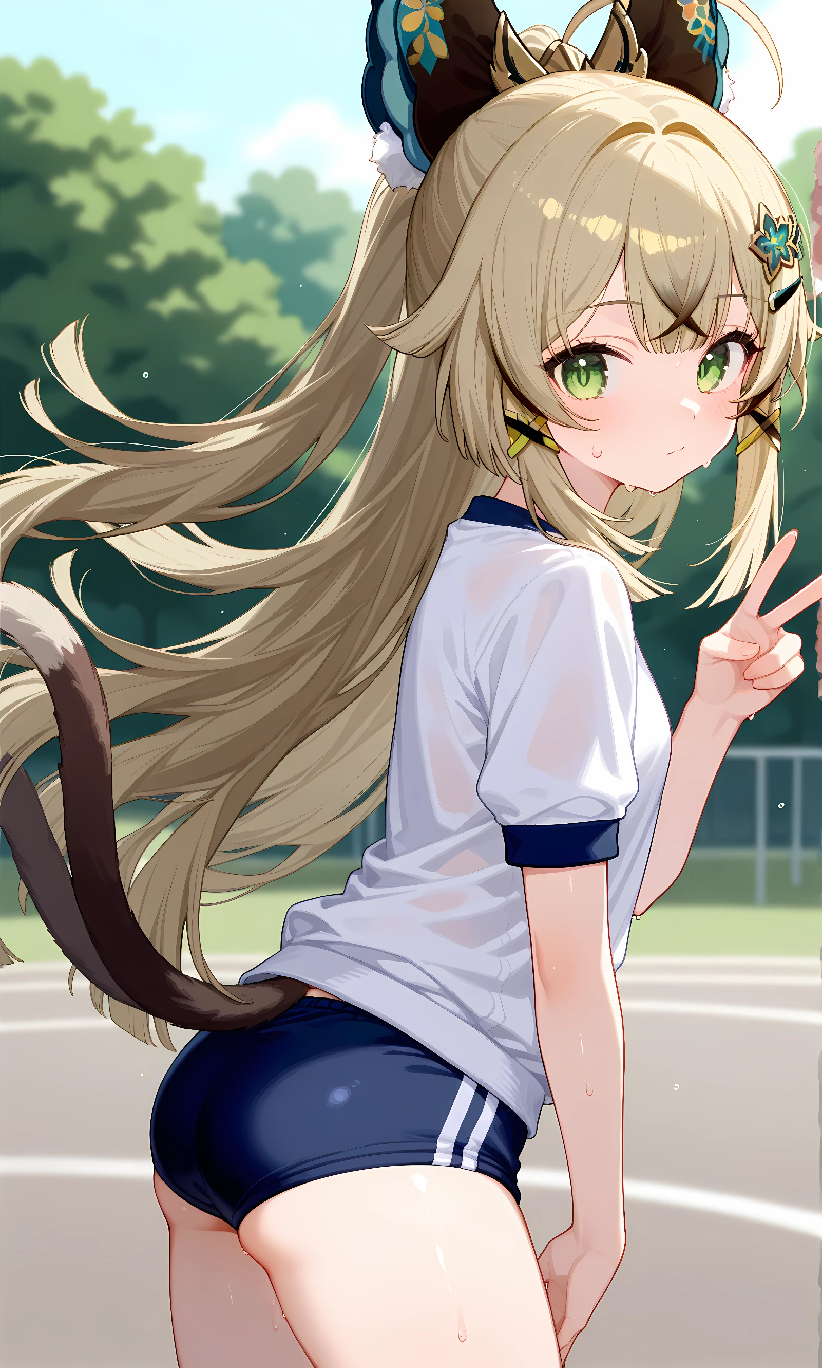 score_9, score_8_up, score_7_up, source_anime, 1girl, solo, outdoors, park, cowboy shot, looking at viewer, shiny skin, close-up,kirara (genshin), cat_ears, long_hair, hair_ornament, green_eyes, ahoge, cat_tail, hairclip, multiple_tails, two_tails, blonde_hair, very_long_hair, white shirt, short sleeves, gym uniform, buruma, sweat, from side, peace sign 