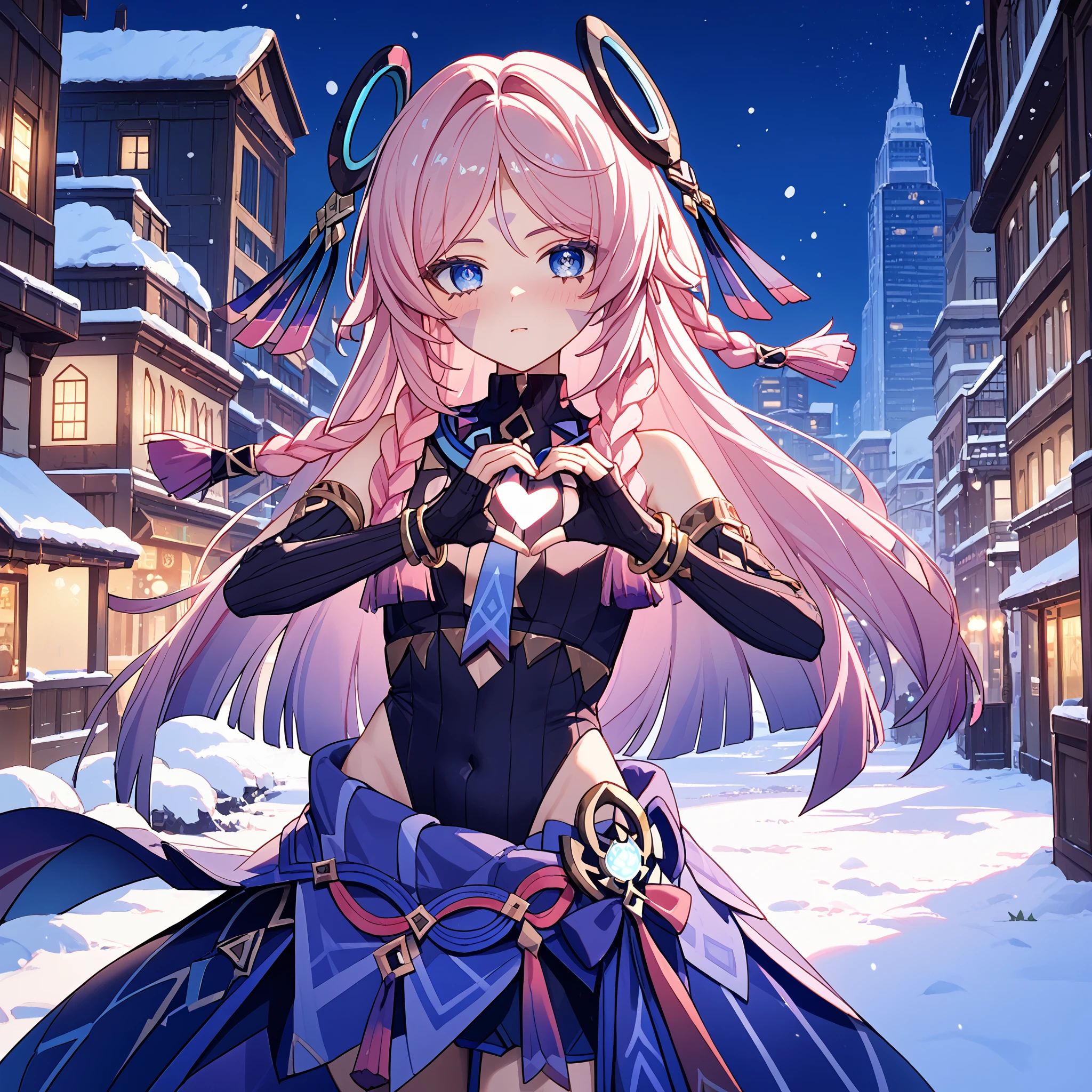 score_9, score_8_up, score_7_up, score_6_up, BREAK source_anime, look at viewer, 1girl, solo, city, winter, snow, night, heart hands, blush, masterpiece, best quality, high detailed skin,  citlali \(genshin impact\), pink hair, long hair, twin braids, blue eyes, hair ornament, facial tattoo, headgear, black leotard, covered navel, waist cape, detached sleeves, partially fingerless gloves, bracelet,