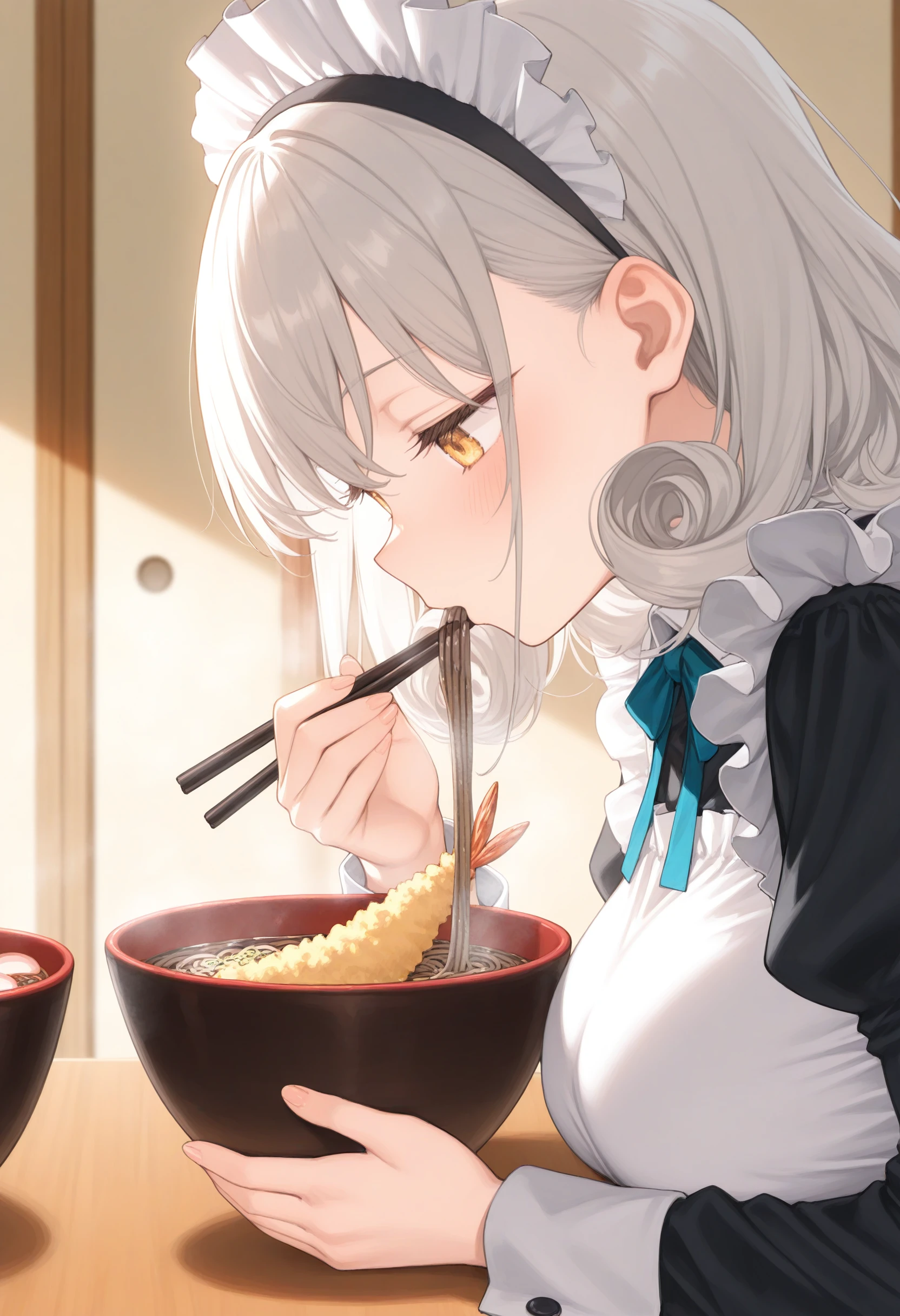 1girl,(sho \(sho lwlw\):0.7),(toosaka asagi:0.5),(sincos:0.3),solo,
masterpiece, best quality, newest, absurdres, CG, anime, source anime, illustration,
maid, maid headdress,medium breasts,
soba, table, eating, kotatsu, noodles, holding chopsticks, bowl, long sleeves, shrimp tempura, steam, kamaboko, food in mouth, hand up, under table,  <lora:soba_Illust_v1:0.8>
from side, portrait, looking down, silver hair, golden eyes,depressed, closed mouth, curly hair,