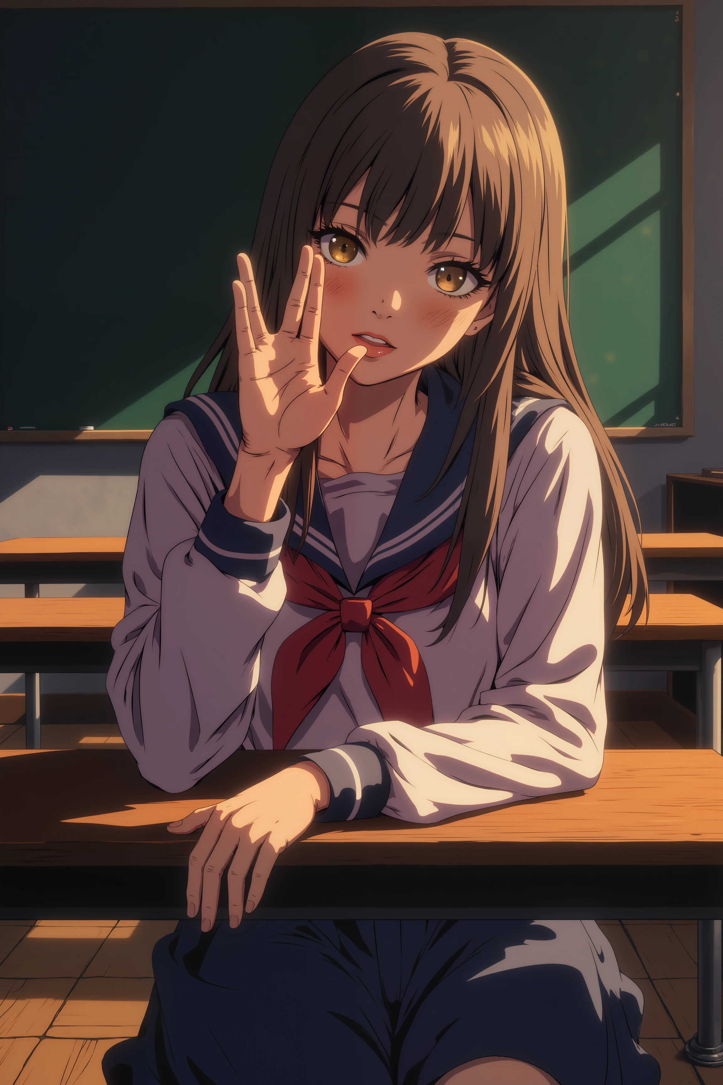 Anime girl is sitting in an empty classroom. She is giving a v-shaped vulcan salute hand gesture with fingers parted between the middle and ring finger and with extended thumb.Fantastic lighting. Detailed shadows.intricate details, vivid colors, hyper-detailed, ultra-sharp<lora:VULCANSALUTE_FLUX:1.3><lora:RetroAnimeFluxV1:0.3><lora:NeonFantasyFLUX:0.3>