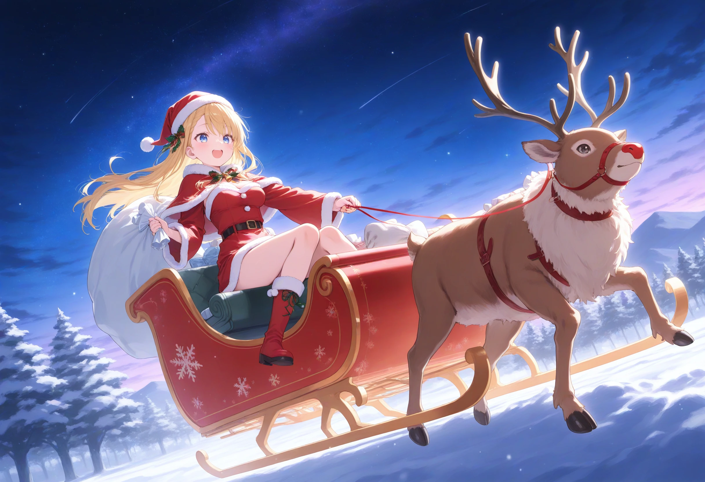 1girl,(sho \(sho lwlw\):0.7),(toosaka asagi:0.5),(sincos:0.3),solo,
masterpiece, best quality, newest, absurdres, CG, anime, source anime, illustration,
medium breasts,
santa hat, santa costume, sleigh, reindeer, capelet, sack, christmas, leash, star (sky), night, starry sky, night sky, flying, sitting, outdoors,wide shot,   <lora:sleigh_Illust_v1:0.8>