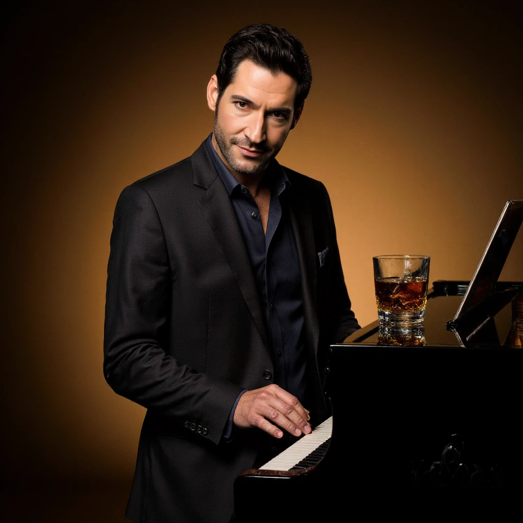 <lora:Lucifer:0.9> lucifer, a man with facial hair, wears a suit and plays piano. A wisky glass on the piano.