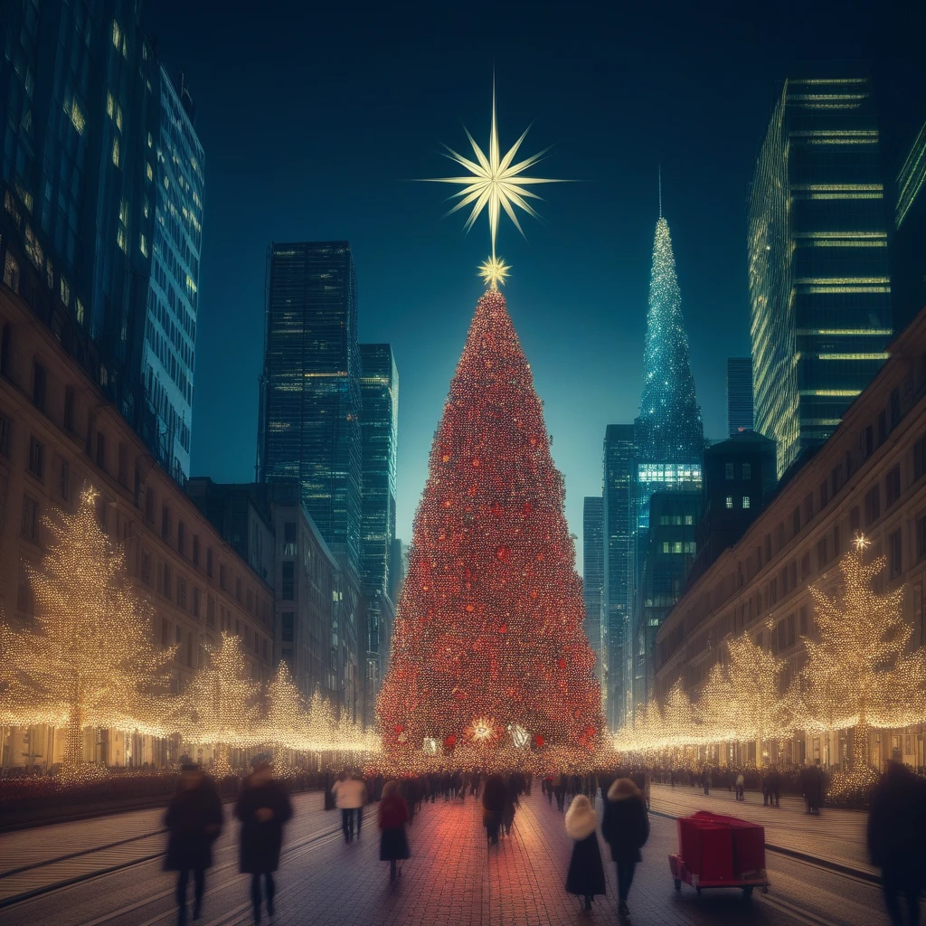 a city with a christmas tree in the middle of it