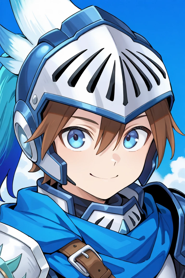 <lora:DurantIL:0.8> , durdef, 1boy, brown hair, short hair, hair between eyes, blue eyes, helmet, blue plume, multicolored plume, visor \(armor\), armor, blue scarf, shoulder belt, single pauldron, shoulder armor, portrait, face, close-up, smile, blue sky, noon, background, detailed, background, , solo, masterpiece, best quality, amazing quality, very aesthetic, high resolution,