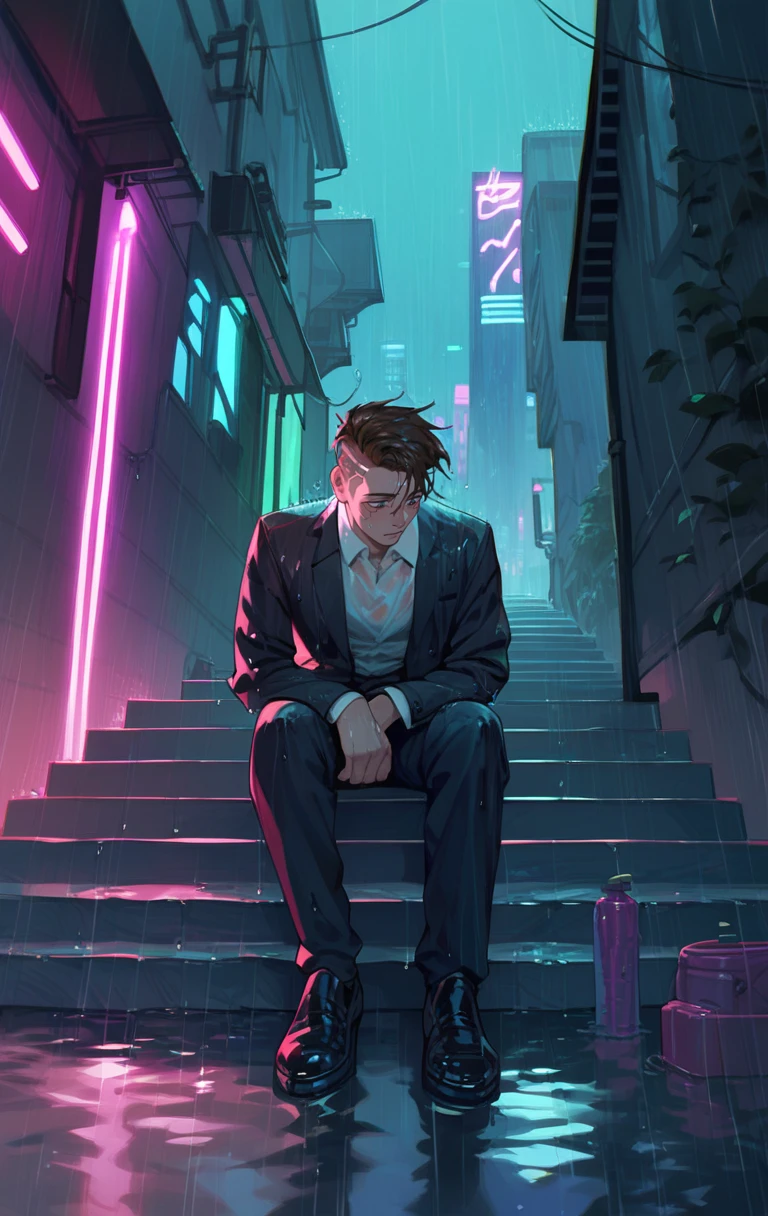 score_9, score_8_up, score_7_up, 1boy, solo, sitting on the stone stairs, wet clothes, wet, puddles, rain, looking down, brown hair, suit, black shoes, outdoors, night, cyberpunk, alley, neon lights, reflective floor, ripples, <lora:eat:1>