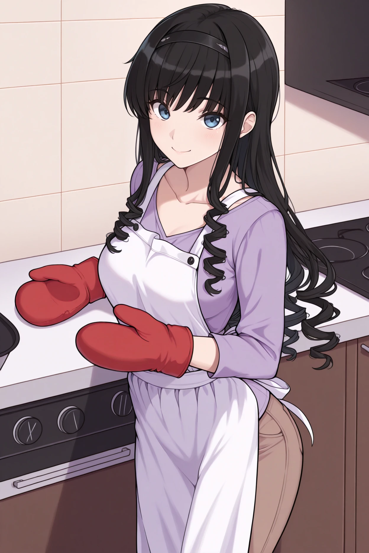 masterpiece, best quality, 1girl, solo, <lora:morishimaharuka-illu-nvwls-v1-000005:1> amaMH, black hair, drill hair, long hair, blue eyes, black hairband, purple shirt, long sleeves, collarbone, brown pants, white apron, kitchen, looking at viewer, oven mitts, smile