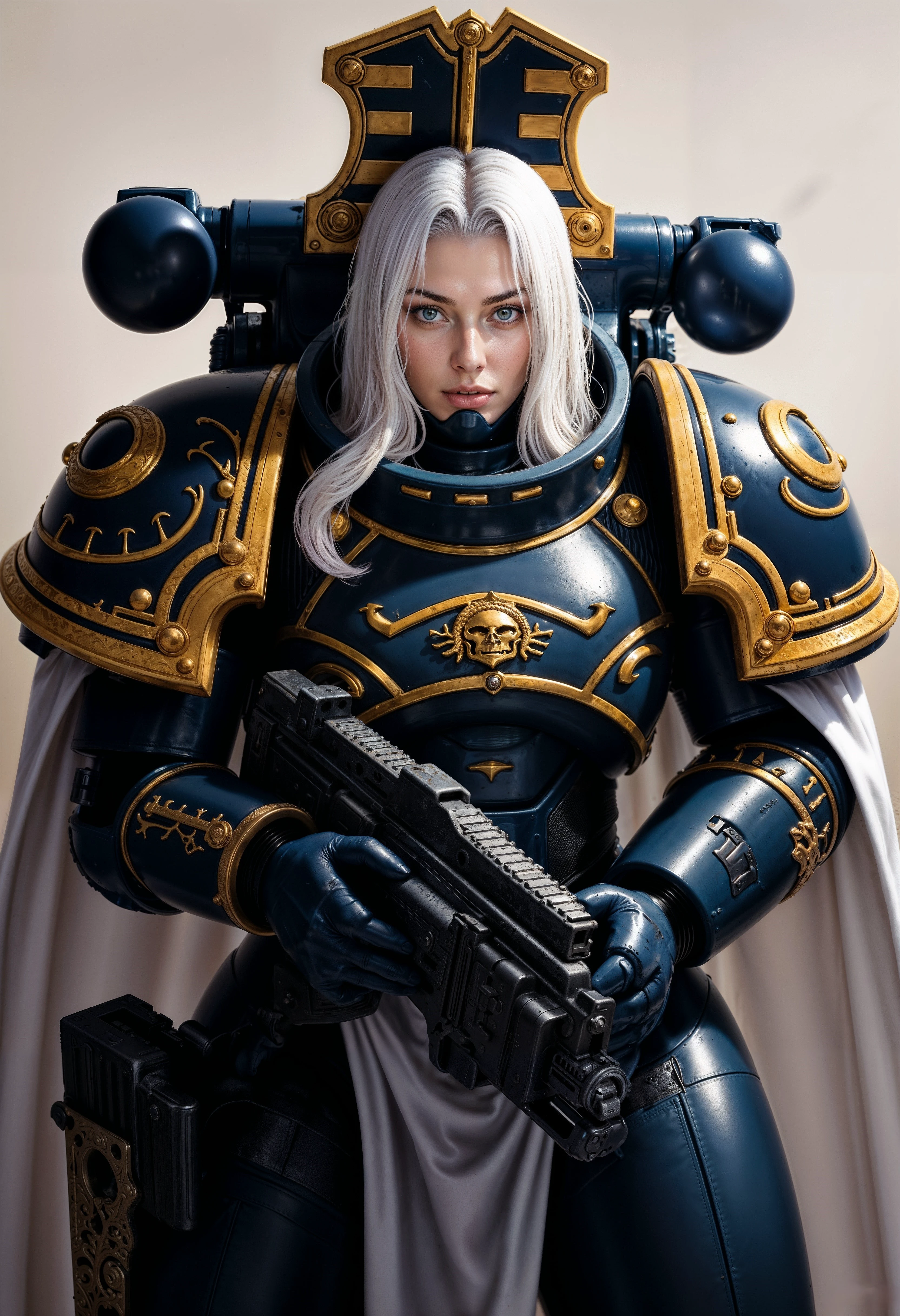 ThouS40k, female space marine wearing a chined power armor with a hood, her long hair is white, she's holding a gun, <lora:FluxThouS40k:0.8> <lora:aidmaHyperrealism:0.5> aidmaHyperrealism