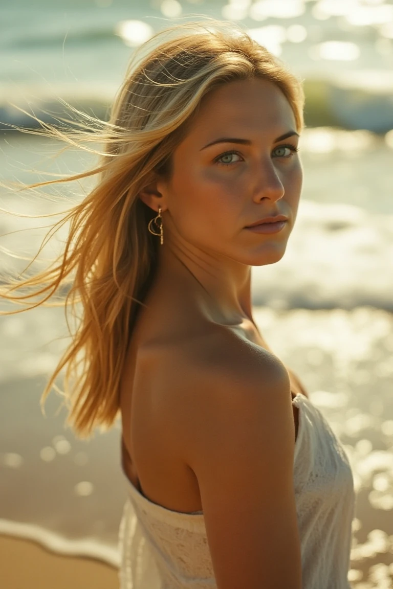 A cinematic editorial photograph of a woman on a sandy beach during golden hour. She is wearing a white dress. Her sunlit skin glows with a natural, dewy finish, and her blonde hair catching the light. The ocean waves in the blurred background create a soft, dreamy ambiance.