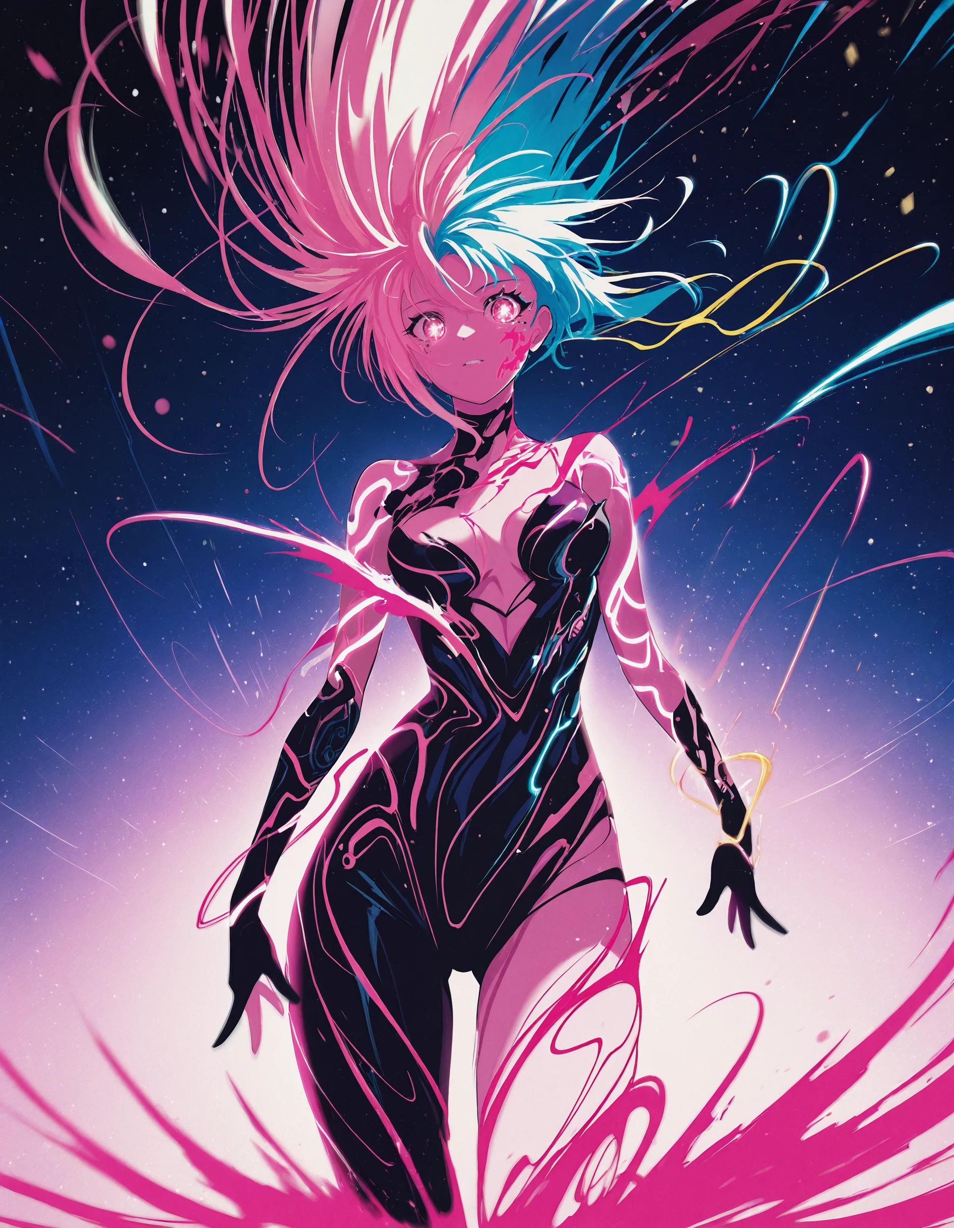 best_quality,masterpiece, <lora:berryverrine_2:1>,b3rr1_illu, abstract, minimalism,1girl, Cyberpunk anime character, neon blue and pink colors, dynamic flowing hair, ethereal energy swirls, glowing tattoos, starry background, electric typography, vibrant contrast, futuristic style, digital art, splatter effects, motion blur, intense lighting, abstract composition, cybernetic aesthetic, 4K resolution, highly detailed