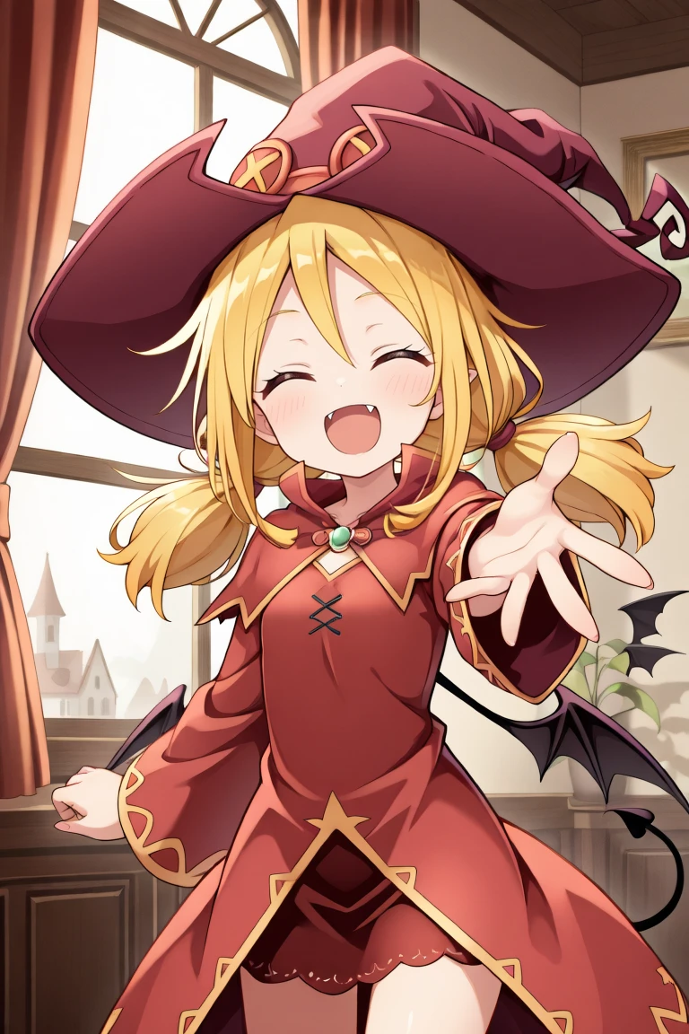 <lora:WitchYggIL:0.8> , widef, 1girl, blonde hair, low twintails, closed eyes, witch, red witch outfit, witch hat, bat wings, tail, dress, (cowboy shot), looking at viewer, happy, background, interior, bedroom, window, curtain, beckoning, reaching towards viewer, perfect hands, , solo, masterpiece, best quality, amazing quality, very aesthetic, high resolution,