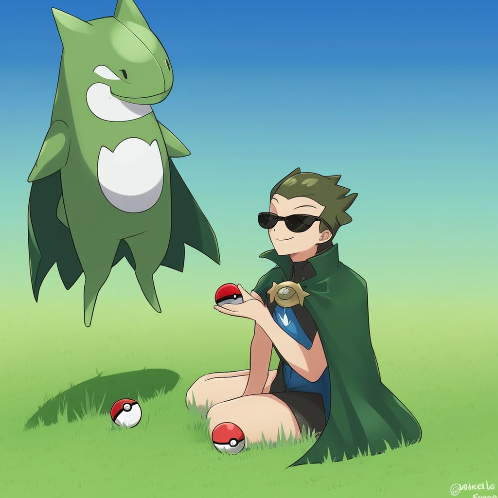 cape, twitter username, sitting, grass, sunglasses, smile, blue sky, standing, poke ball, green background, character name, gradient, day