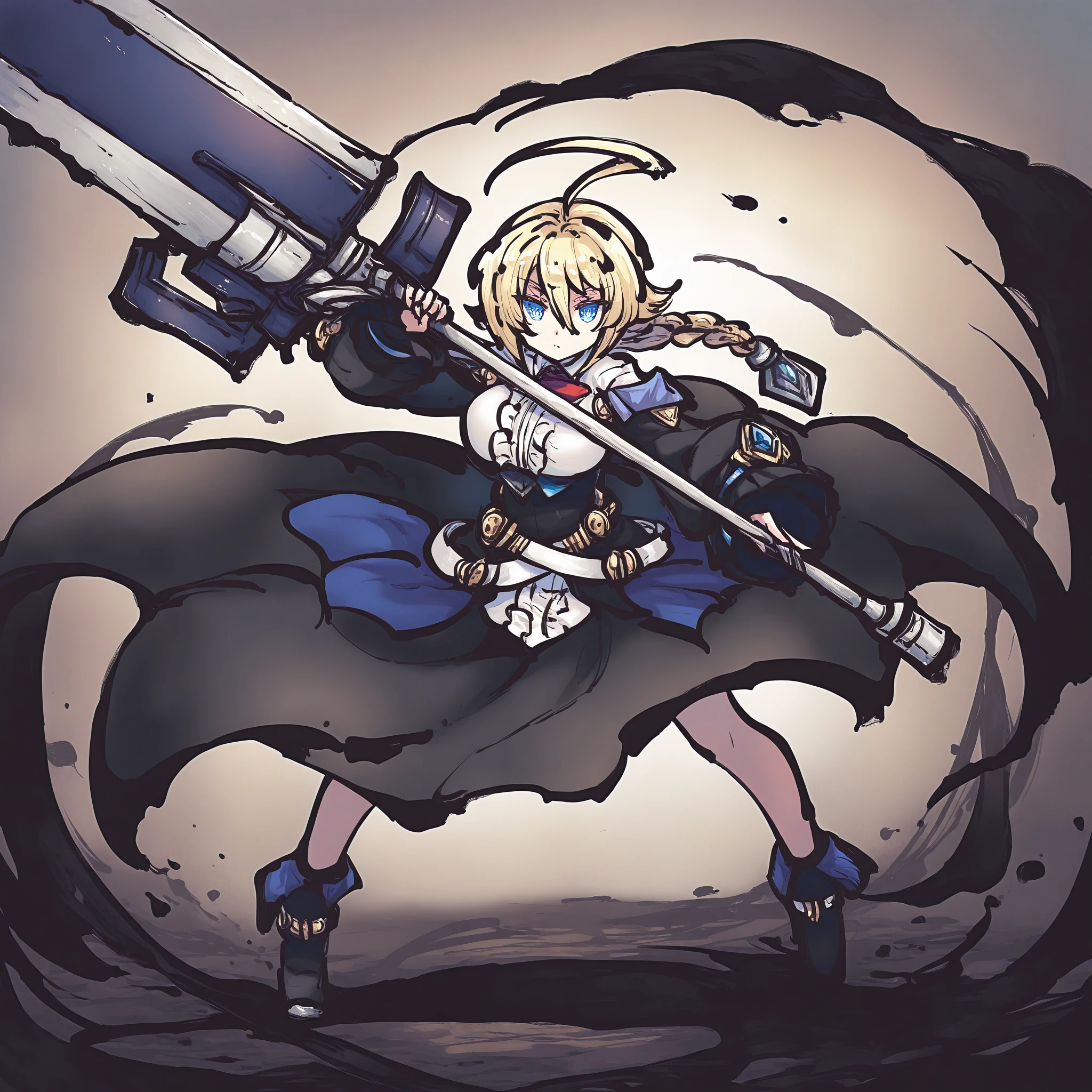 1girl,female focus,solo,es \(xblaze\),blonde hair,single braid,blue eyes,fighting stance,holding weapon,greatsword,masterpiece,best quality,newest,absurdres,highres,tokiame,ink,<lora:Tokiame_Style_Illustrious_V1:1>,