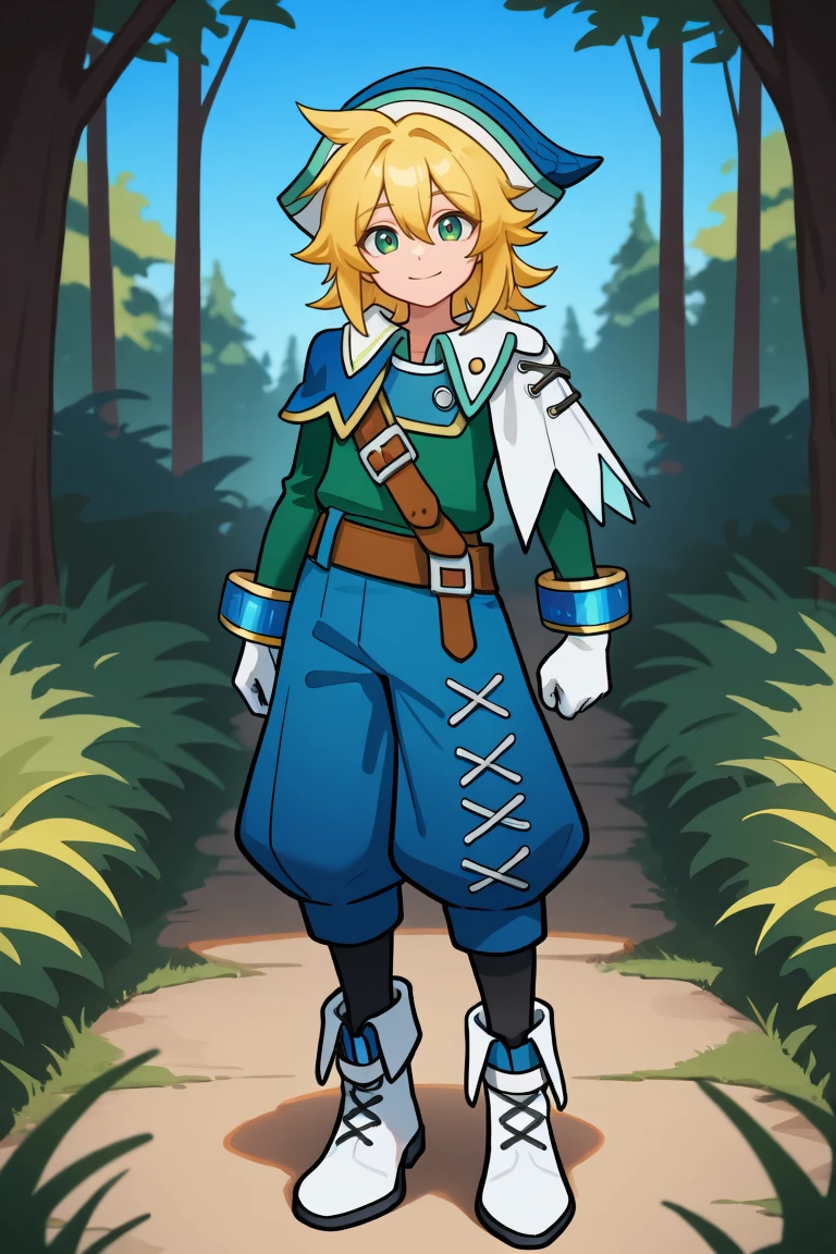 <lora:CruzIL:0.8> , crdef, 1boy, green eyes, blonde hair, medium hair, hat, blue headwear, asymmetrical clothes, cross-laced clothes, side cape, white side cape, blue side cape, white gloves, mismatched sleeves, green sleeve, blue sleeve, blue bracelet, green shirt, blue pants, baggy pants, belt, shoulder belt, black socks, white boots, full body, looking at viewer, serene, elegant, graceful, smile, blue sky, background, forest, , solo, masterpiece, best quality, amazing quality, very aesthetic, high resolution,