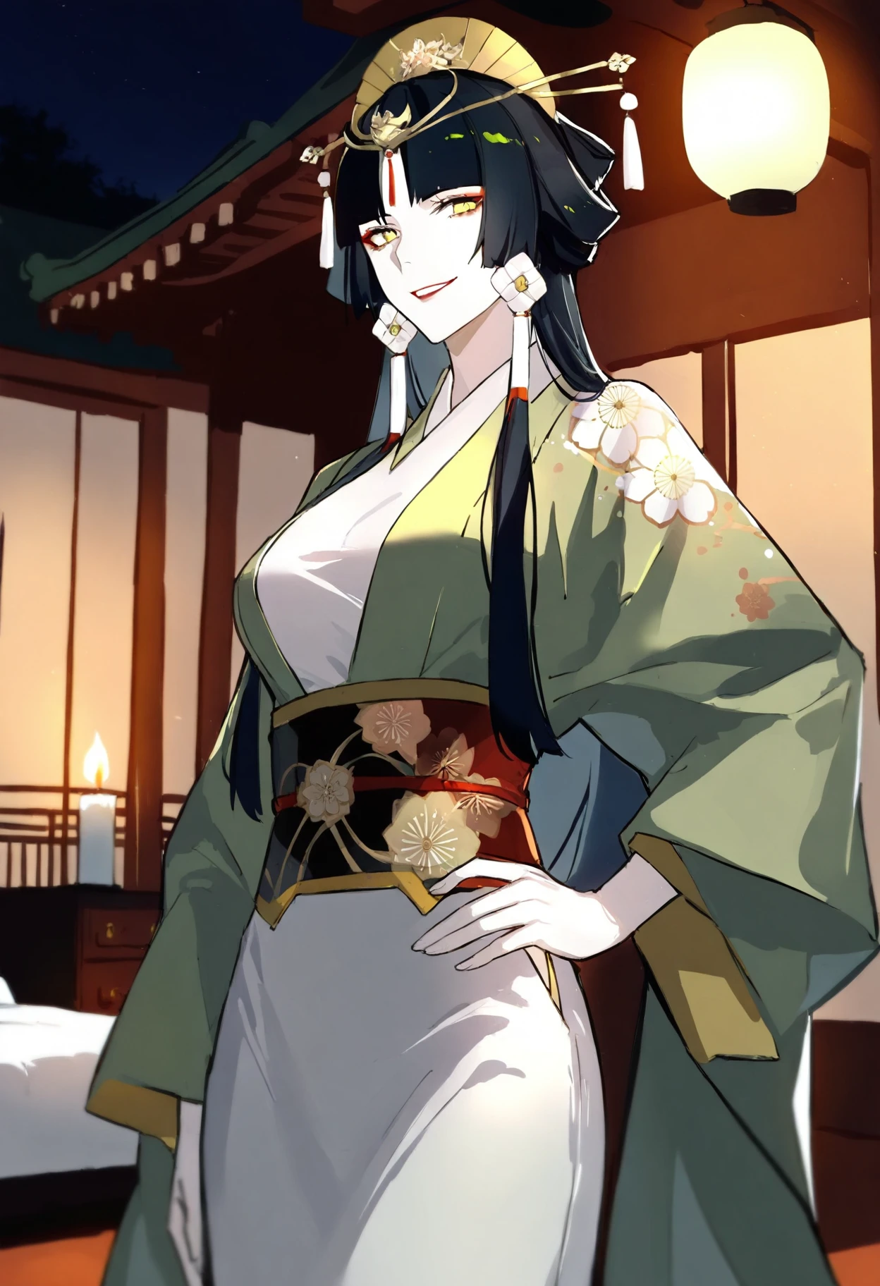 1girl, milf, black hair, yellow eyes, pale skin, medium breasts, red lipstick, mascara, long hair, hime bangs, hair ornament,
green clothes, oriental clothed, floral print,
bedroom eyes, in heat, looking at viewer, seductive look, smug, standing, hand on hip, cowboy shot,
asian temple, spring, sakura, night, candlelight,
<lora:lmia4IL-style:1>, llmia4,