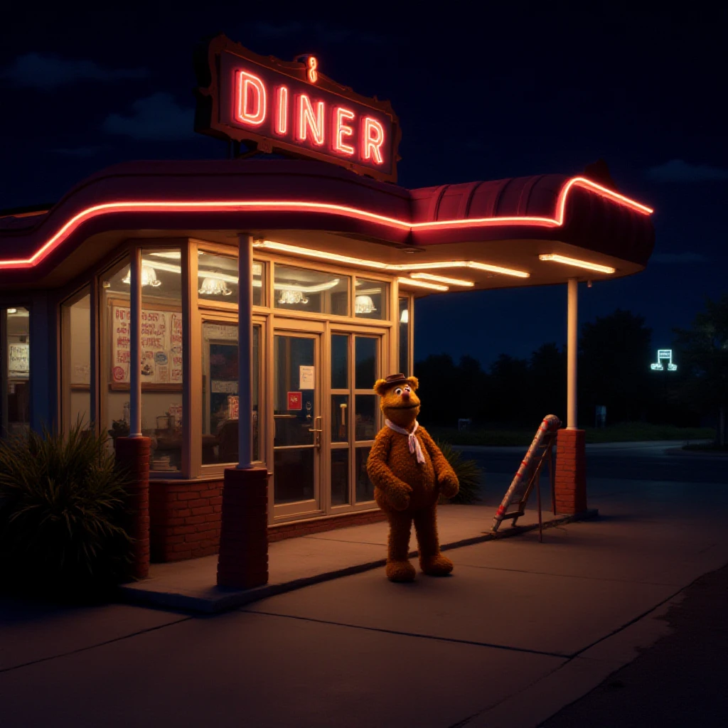 A photo of Fozzie Bear standing outside a diner late at night, in the style of the Night Hawks painting