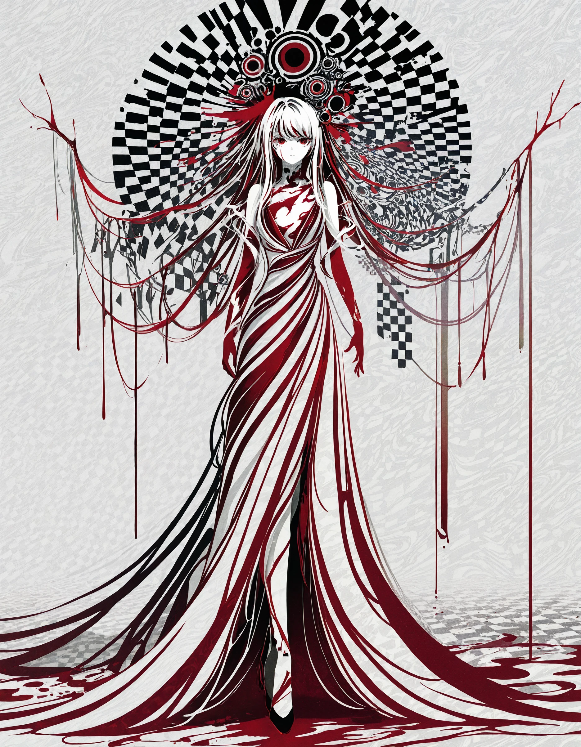 best_quality,masterpiece, <lora:berryverrine_2:1>,b3rr1_illu, abstract, minimalism,surreal, dark fantasy, female character, checkered patterns, circular motifs, glitch art, blood splatter, monochrome with red accents, geometric shapes, intricate details, cyberpunk elements, long hair, flowing dress, optical illusions, abstract background, digital art, high contrast, complex composition, ethereal atmosphere, haunting beauty