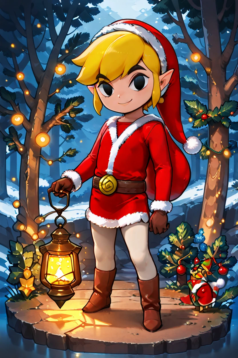 masterpiece, best quality,   zzSantaLink, 1boy, solo,   zzSantaLink, 1boy, solo,   Santa Link, smile, gloves, hat, black eyes, christmas, gift, santa costume, snowy forest, holding lantern, glowing light, decorated pine trees, serene holiday ambiance      ,smile, looking at viewer,   <lora:SantaLinkIXL_v2:1.0>,