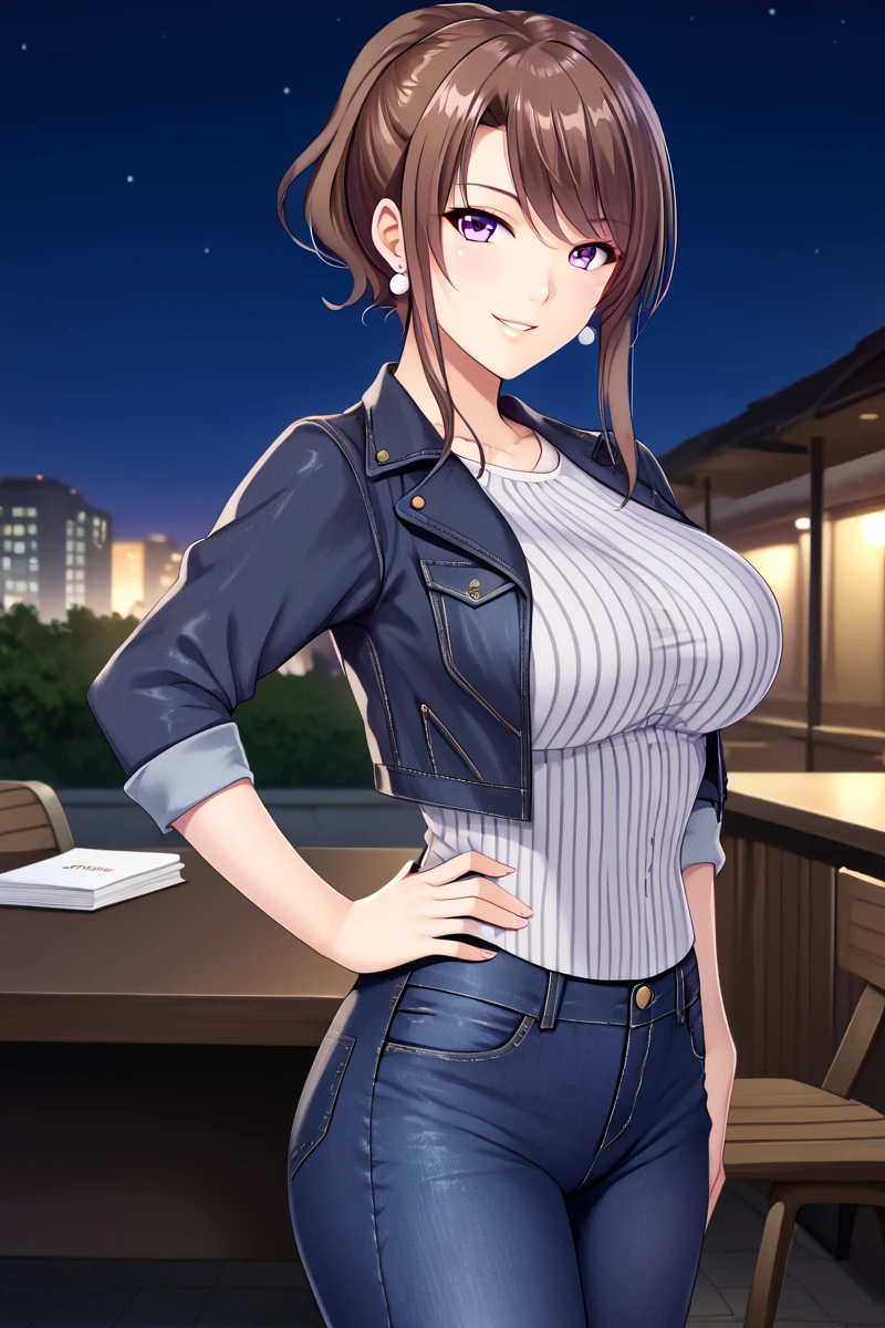 matsumiya_kiriko, 1girl, solo, purple eyes, brown hair, hand on hip, night, sky, outdoors, denim jacket, denim pants, smile, shirt, large breasts, striped, grey striped shirt, collar shirt,  looking at viewer, outfit3, earrings, <lora:matsumiya_kiriko_v2:0.7> pearl earrings, earrings behind sidelock, high leg, (realisticphoto), cowboy shot, one hand, on hips, cheerful, knee, side view,  <lora:Add_more_details_pony:0.3> <lora:HandFixer_pdxl_Incrs_v1:1> curvy body,  sitting on the chair, crossing leg, table, komputer, folder case,