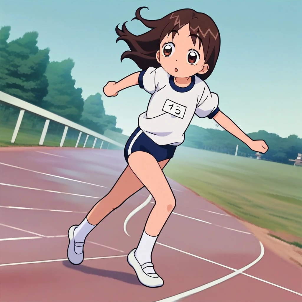 score_9, score_8_up, score_7_up, source_anime, prefect lighting, very aesthetic, intricate details, highly detailed background, high quality, prefect hands, best quality, female child, yoko manda, ojamajo doremi, brown hair, shoulder-length hair, brown eyes, gym uniform, white shirt, pink buruma, white socks, white shoes, running, outdoors, sportsground, open mouth, motivated,