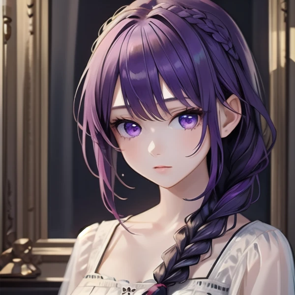 realistic, aesthetic, intricate, masterpiece, cute, 1 girl, solo, purple hair, purple eyes, single braid, <lora:n15g_aio_hairstyles-1.0:0.8>