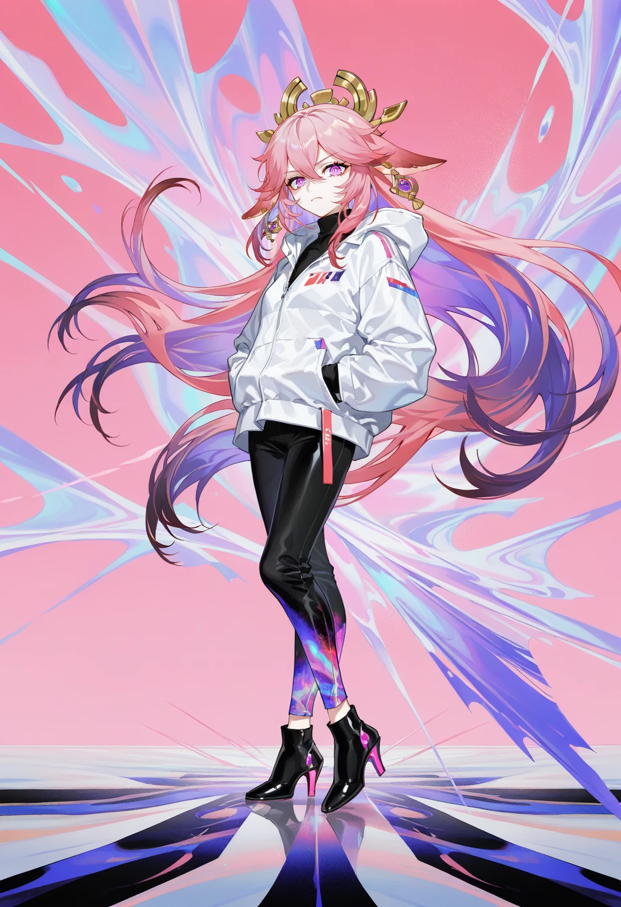 1girl, yae miko, genshin impact, 
alternate costume, full body, abstract, fusion of Fluid abstract art and glitch, glitch hair, iridescent hair, eye trail, glowing eyes, glowing streaks, light trail, high heels, black pants, solo, white jacket, purple theme, animal ears, pink eyes, hoodie, streaked hair, closed mouth, pink background, black footwear, turtleneck, earrings, floating clothes, looking at viewer, floating hair, floppy ear, hands in pockets, standing, long sleeves, pink hair, multicolored hair, jewelry, sidelocks, hood, fox ears, very long hair, pink theme, jacket, abstract background, pants, frown, long hair, purple hair, hood down