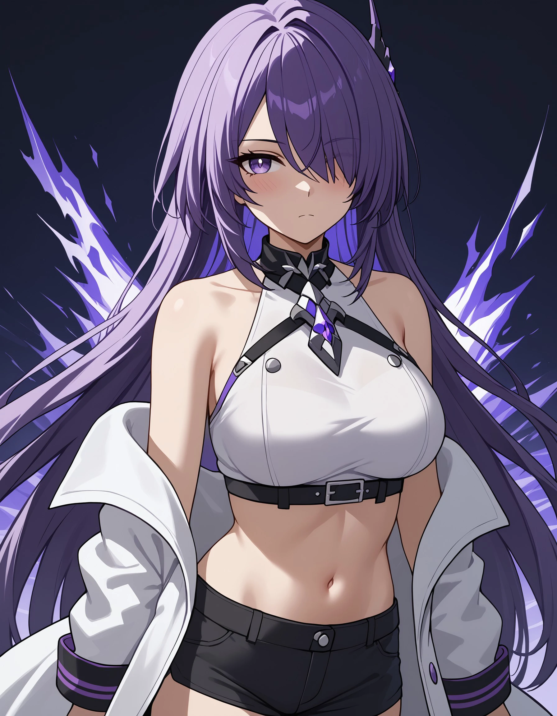 (masterpiece), best quality, expressive eyes, perfect face, hair over one eye, purple hair, purple eyes, long hair, acheronhsr, navel, black shorts, white coat, crop top, expressionless, looking at viewer, bare shoulders, blush, <lora:637cc3c9-2b8e-40b8-9393-d0e047341720:0.7>