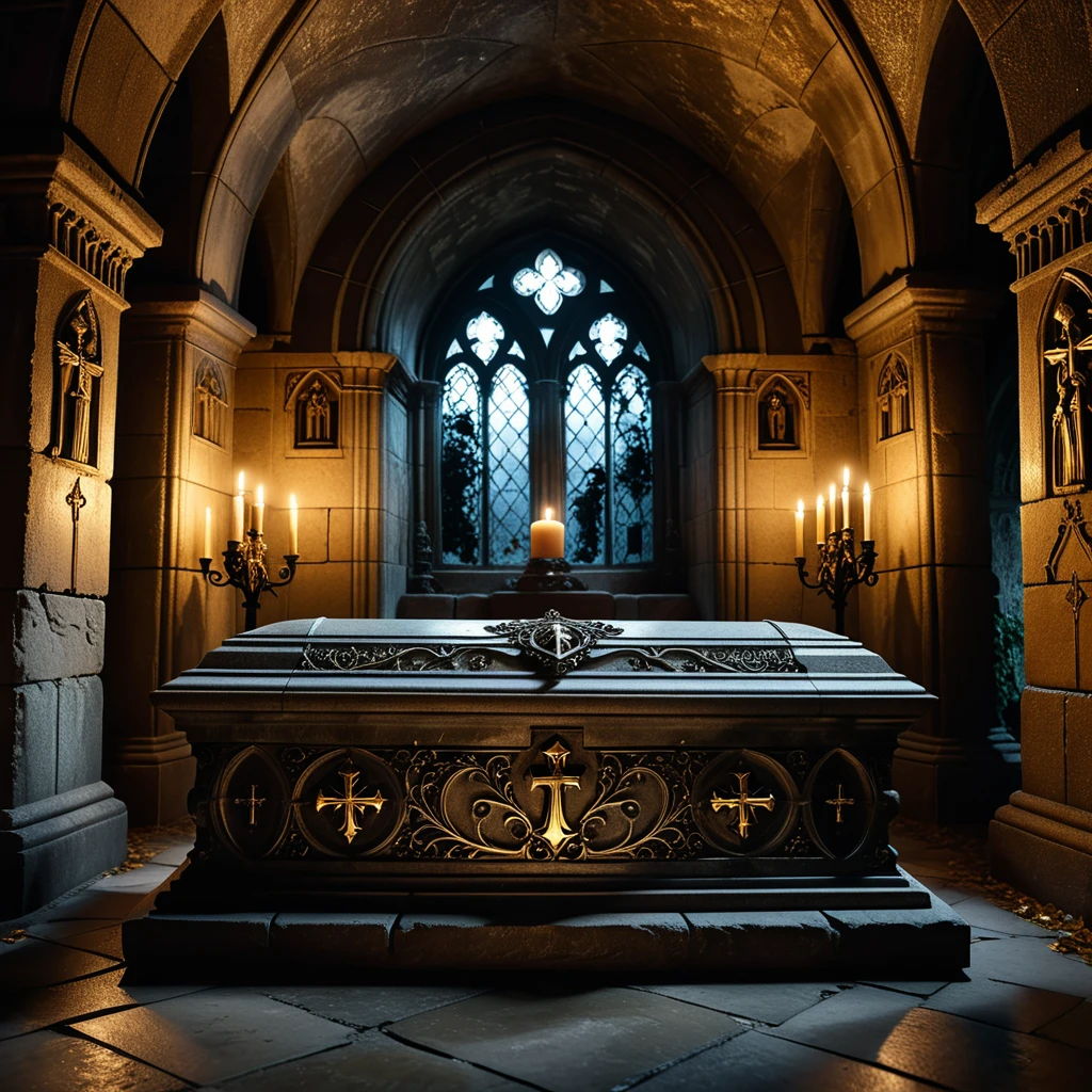 horror-themed A dramatic and atmospheric photograph of the interior of an ancient crypt, dimly lit by flickering candlelight. The crypt features old, cracked stone walls covered in moss and ivy, with intricate carvings and Gothic details etched into the stone. At the center of the crypt lies an ornate vampire coffin, made of dark, polished wood with silver and gold inlays, adorned with ancient symbols and intricate Gothic patterns. The coffin is slightly ajar, revealing a glimpse of red velvet lining. Surrounding the coffin are scattered bones, dusty cobwebs, and antique candelabras with melting candles, casting eerie shadows across the crypt. The mood is dark, mysterious, and hauntingly beautiful, with subtle rays of pale moonlight filtering through a small, broken stained-glass window.
<lora:SDXLFaeTastic2400:0.4> <lora:extremely_detailed:0.4> extremely detailed,, eerie, unsettling, dark, spooky, suspenseful, grim, highly detailed, Masterpiece,best quality,hi res,8k,hi res,8k,award winning,(sharp focus, intricate, highly detailed),