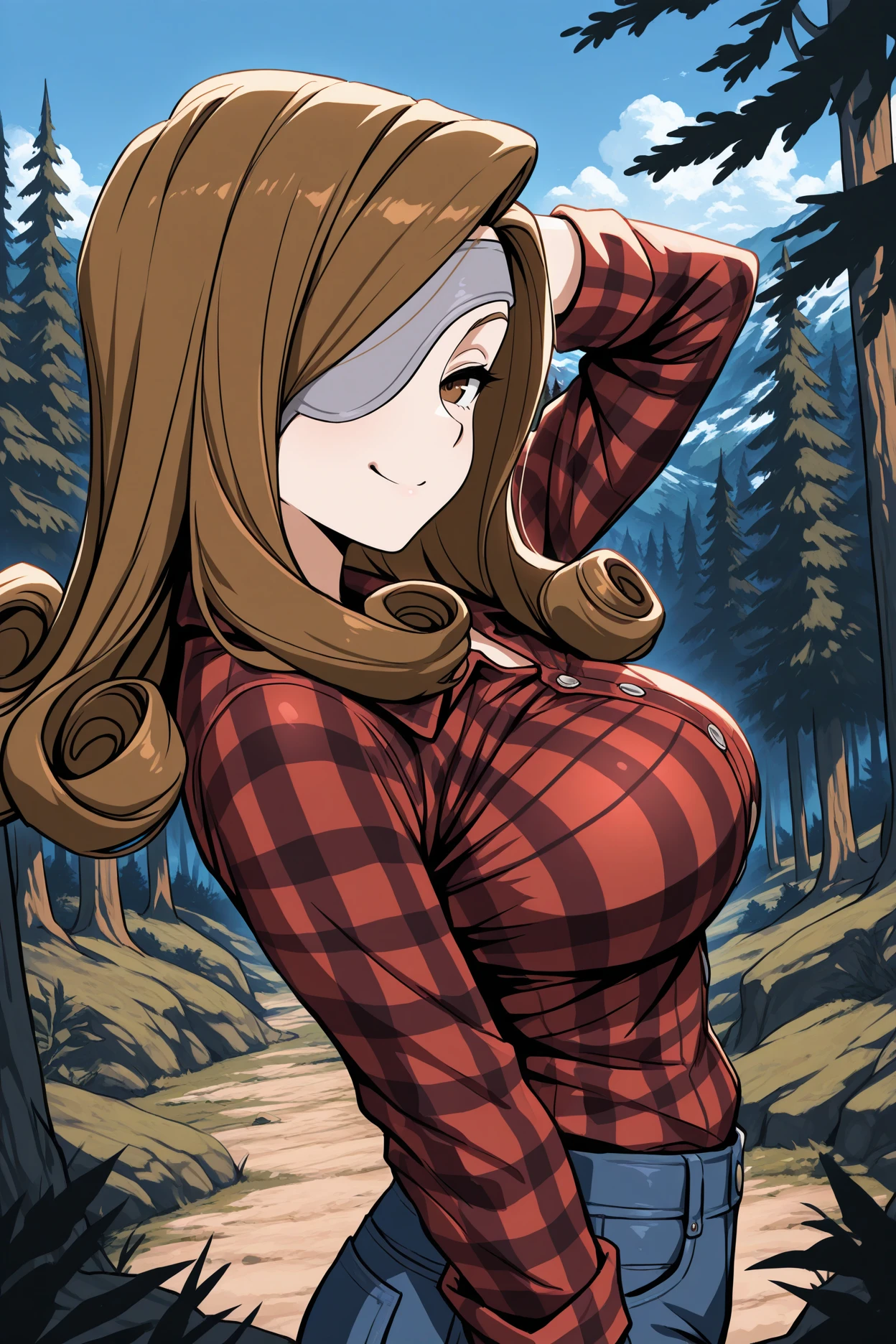 masterpiece, best quality, 1girl, solo, <lora:ffbeatrix-illu-nvwls-v1-000006:1> ffixbtr, brown hair, curly hair, long hair, eyepatch, brown eyes, large breasts, flannel shirt, long sleeves, jeans, looking at viewer, forest, arm behind head, from side, smug smile, alpine forest, blue sky