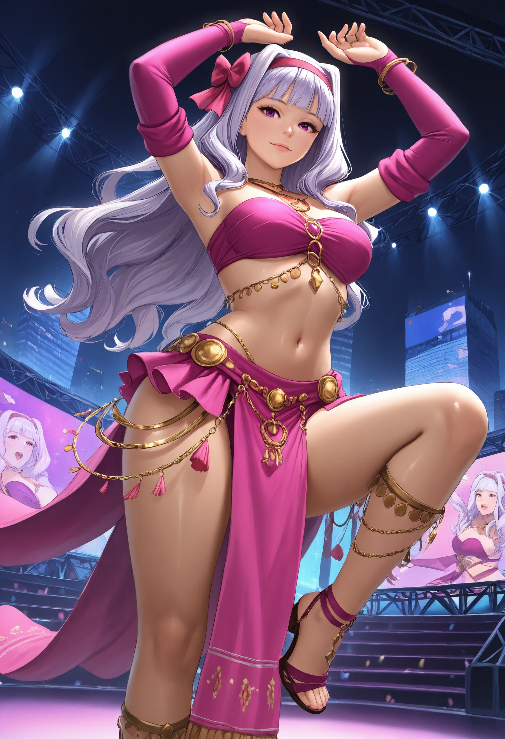 masterpiece,  realistic,  best quality, 1girl,
shiny clothes, arms out, arms up, dancing, stage, stage lights, from below,   dncaf, bandeau, bridal gauntlets, pelvic curtain,  hair bow, jewelry, bare shoulders, navel, midriff, sandals, heeled footwear,  urban, city, concert, dancing,  shijou takane, (purple clothes)  <lora:Dancers_Attire_IL:1>