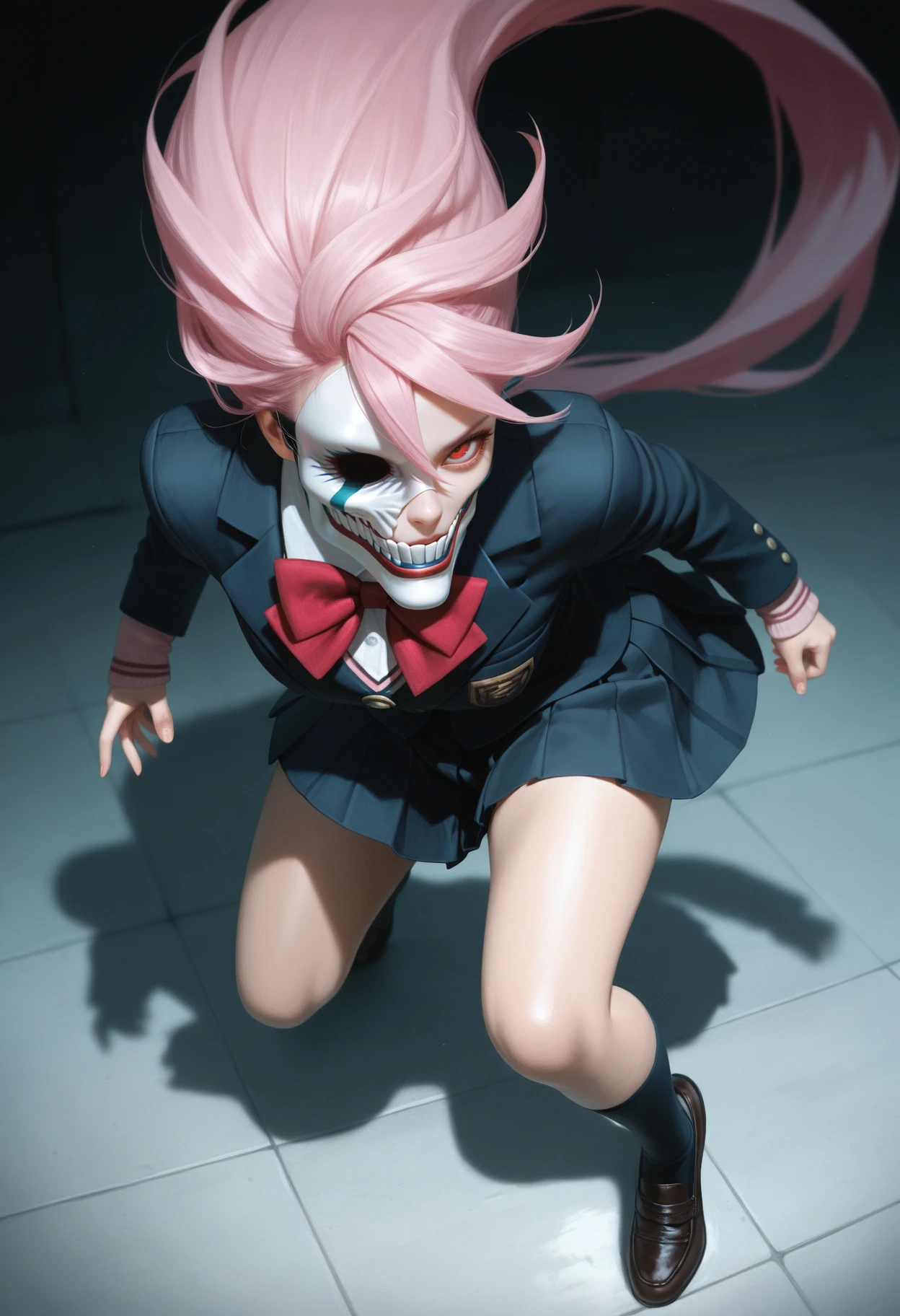 masterpiece, best quality, realistic,
 <lora:Aira Dandadan [IL]:0.9> 1girl, aira, pink hair, red eyes, mask, white mouth mask, , long hair   ||1.  school uniform, pleated skirt, high socks, shoes,