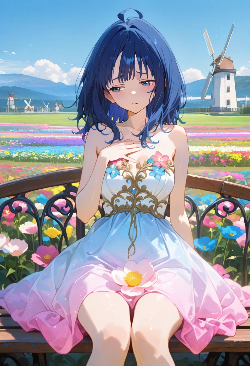 perfect quality,high quality,masterpiece,absolutely eye-catching,ambient occlusion,raytracing,
front view,full_shot,vanishing point,
1girl,blue eyes,blue hair,medium hair,long hair,ahoge,Yanami Anna Cyql,
furrowed brow,sitting,hand on own chest,
Whimsical,Elegant mermaid gown with a strapless sweetheart neckline and lace appliqués,pink white  gradient clothes,
beautiful face,beautiful eyes,perfect body,sexy,
Serene sky,at Daybreak,(in Flower garden, colorful flower garden,landscape of flowers:1.5),( blue sky, cumulonimbus),(windmill:1.3),(wooden bench:1.2),(many flowers are blooming:1.3),intricate cinematic background,detailed background,
laser light clothes,qxys,748cmstyle,<lora:spo_sdxl_10ep_4k-data_lora_webui:0.7>,<lora:illustrious_all_rated_v1:0.7>,<lora:laser_light_clothes_v0.5-pony:0.4>,<lora:748cmSDXL:0.9>,<lora:lora-000012.by_tusi:0.8>,