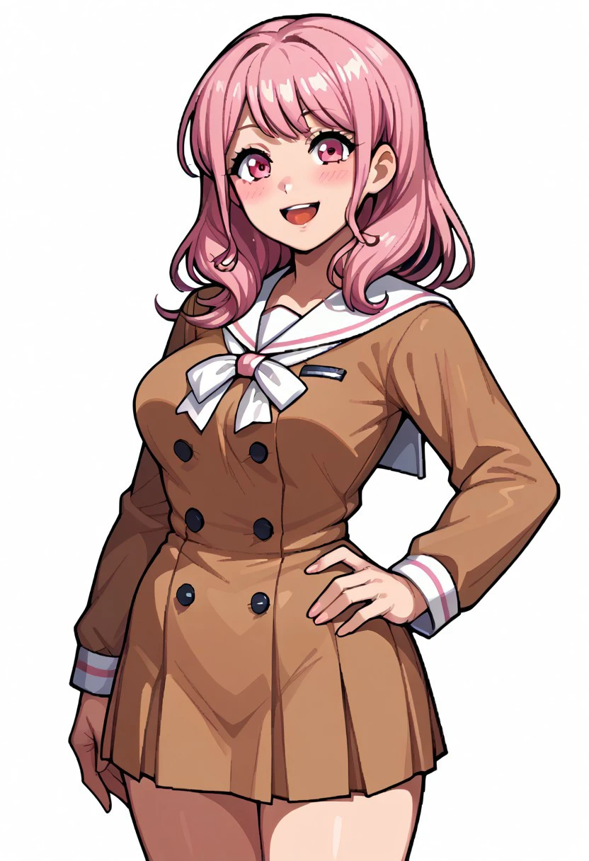 score_9, score_8_up, score_7_up, ,estilocps3,pixel art,128 bits,pixelation,1girl,alone,smile,shiny_clothes,shiny_skin,five fingers,1 girl,large breast, AyaMayurama,pink hair,pink eyes,long hair, hand on hip,blushing, open mouth, long sleeves, school uniform, sailor collar, buttons, sailor dress, white sailor collar, brown dress, pleated dress, hanasakigawa school uniform, short dress,white background