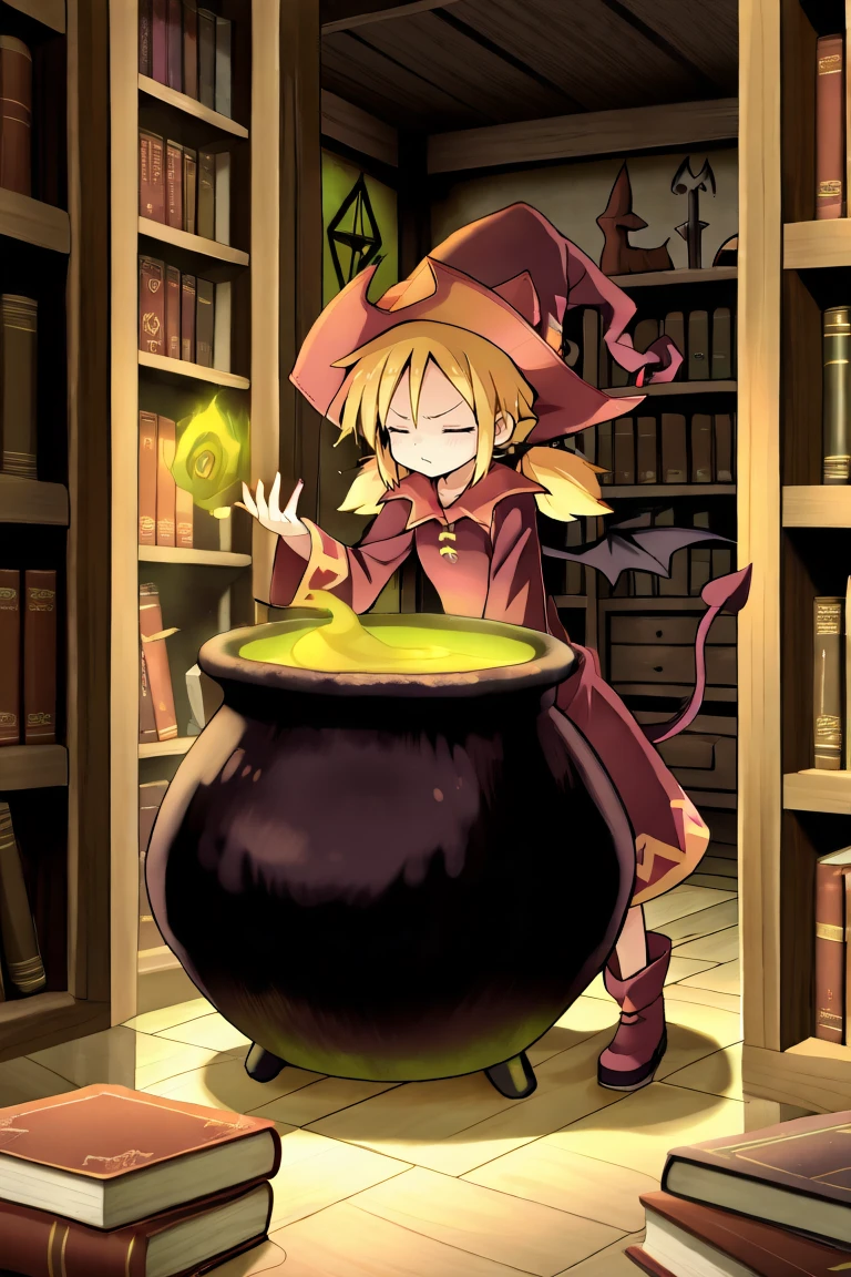 <lora:WitchYggIL:0.8> , widef, 1girl, blonde hair, low twintails, closed eyes, witch, red witch outfit, witch hat, bat wings, tail, dress, holding magic, witch laboratory, cauldron, books, bookshelves, indoors, bedroom, standing on floor, concentrating, , solo, masterpiece, best quality, amazing quality, very aesthetic, high resolution,